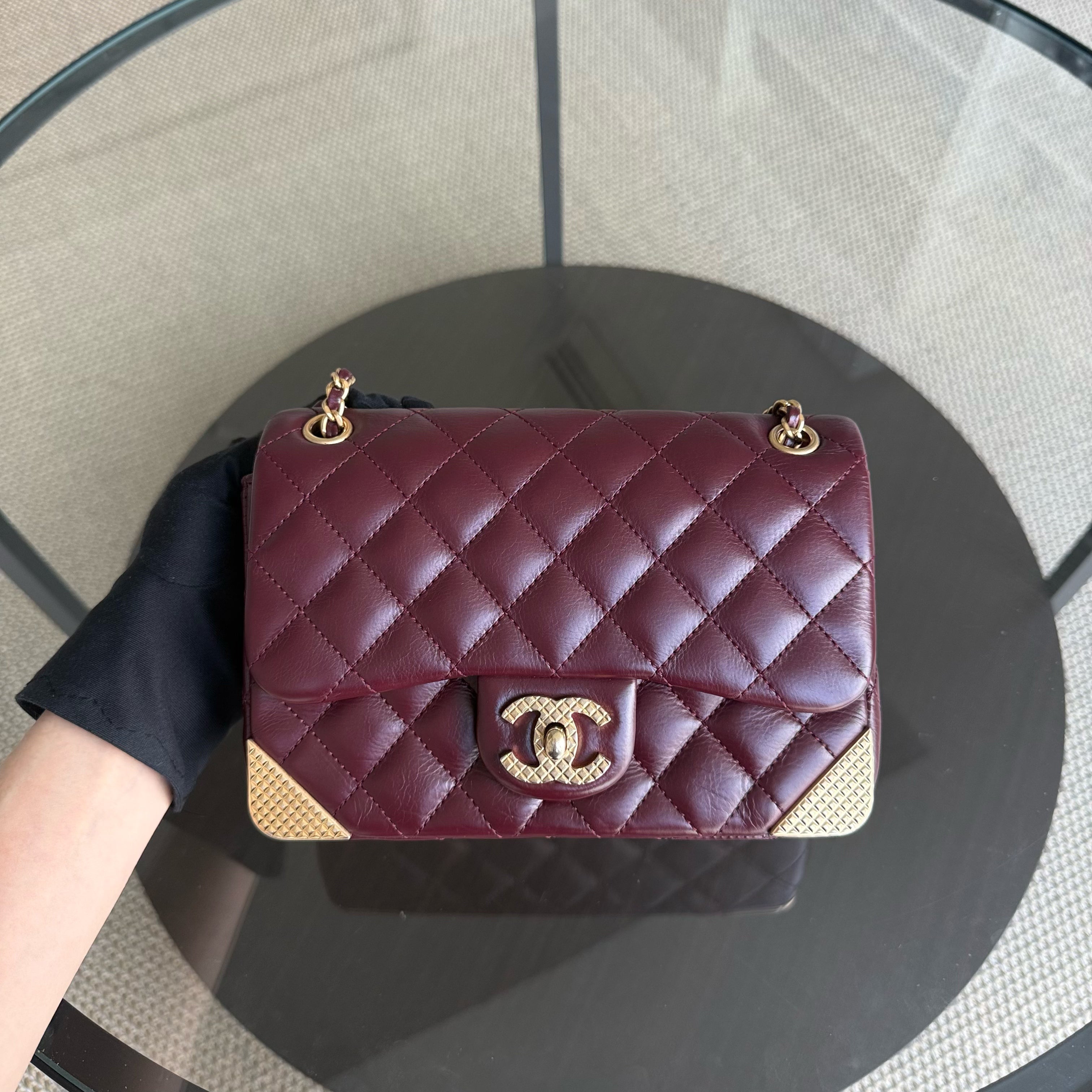 Chanel Classic Flap Rock The Corner - Quilted 20CM Calfskin Dark Burgundy Gold Hardware Series 24