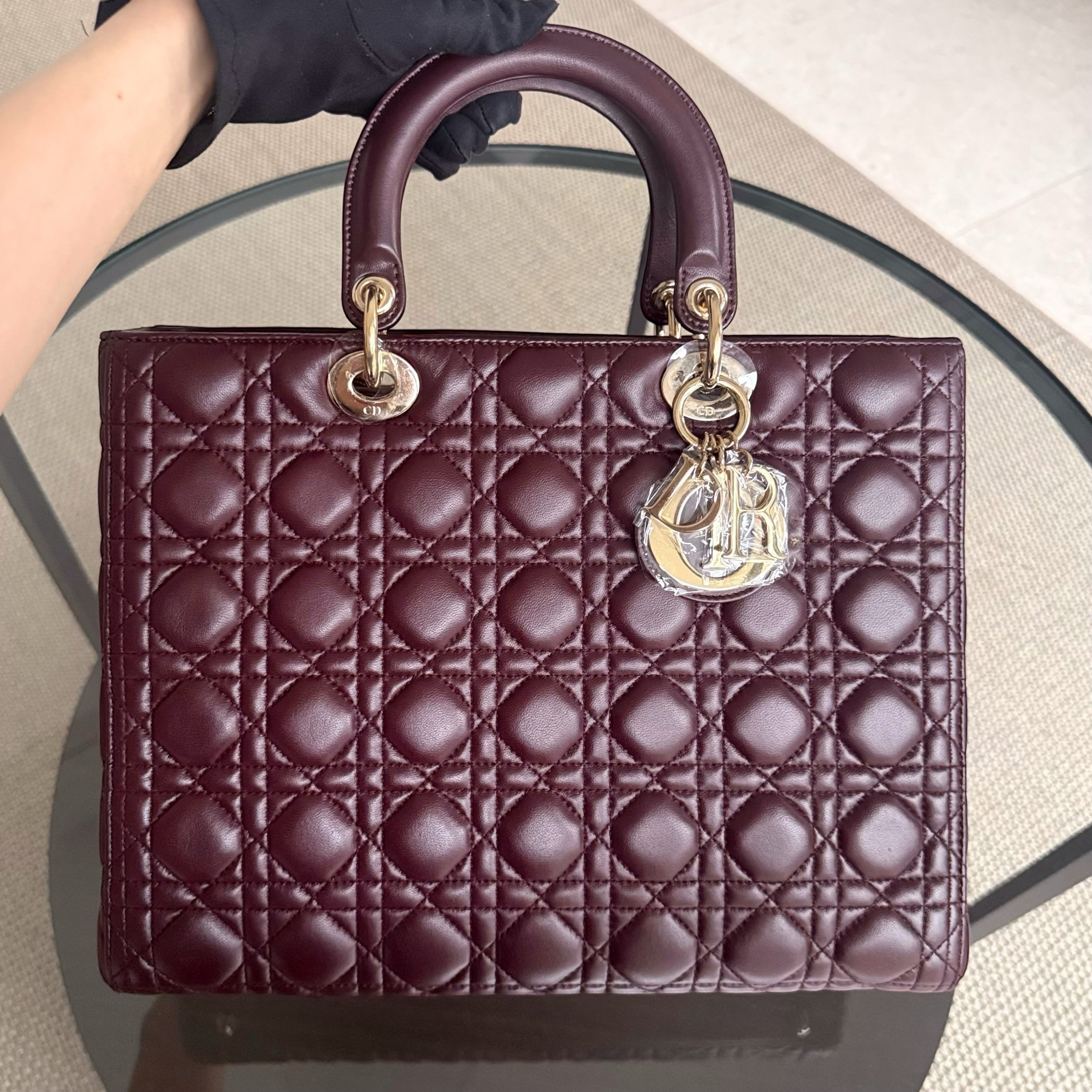 Dior Lady Large - Cannage Lambskin Dark Burgundy Gold Hardware