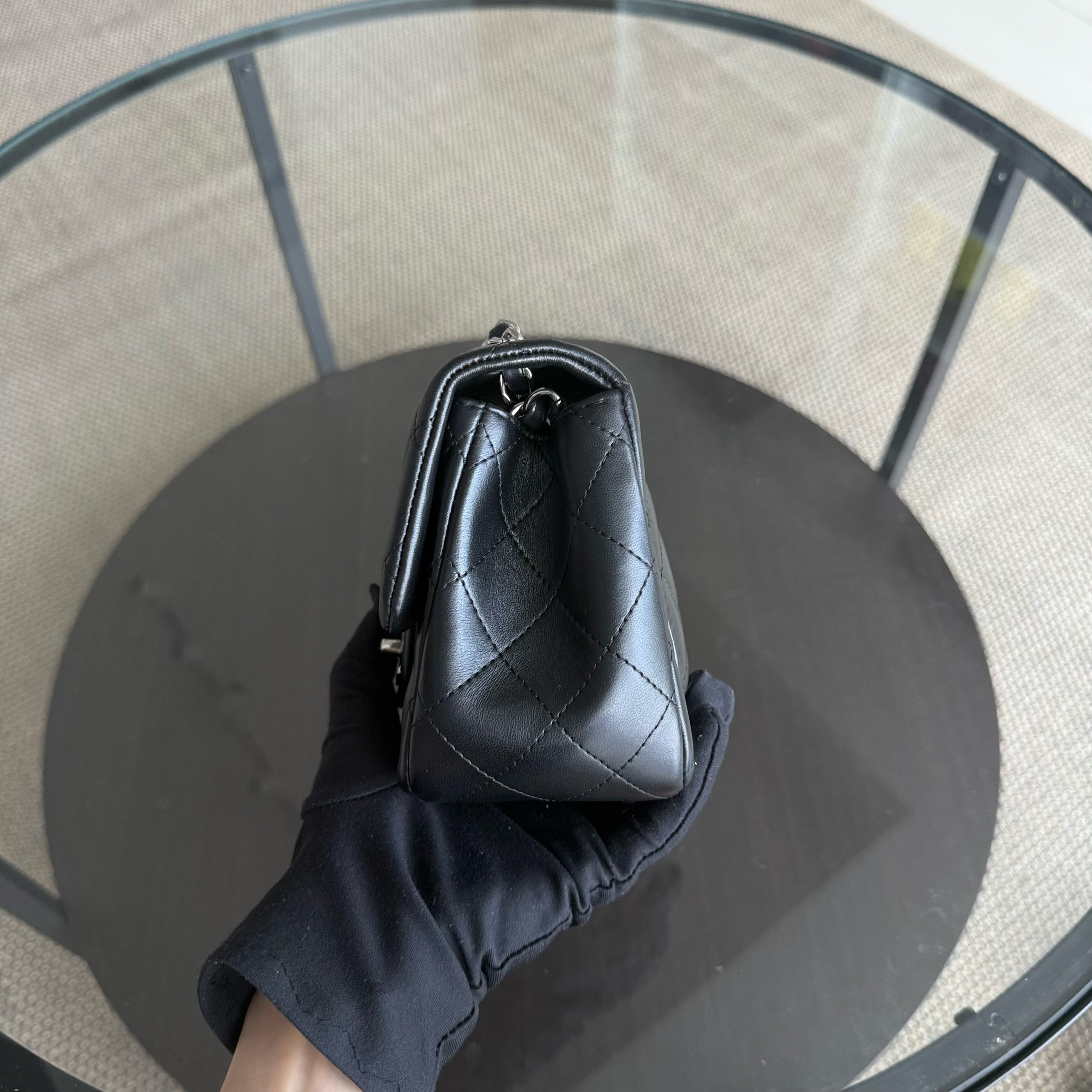 Chanel Classic Flap Mini Square - 17CM Quilted Lambskin Black Silver Hardware Series 19