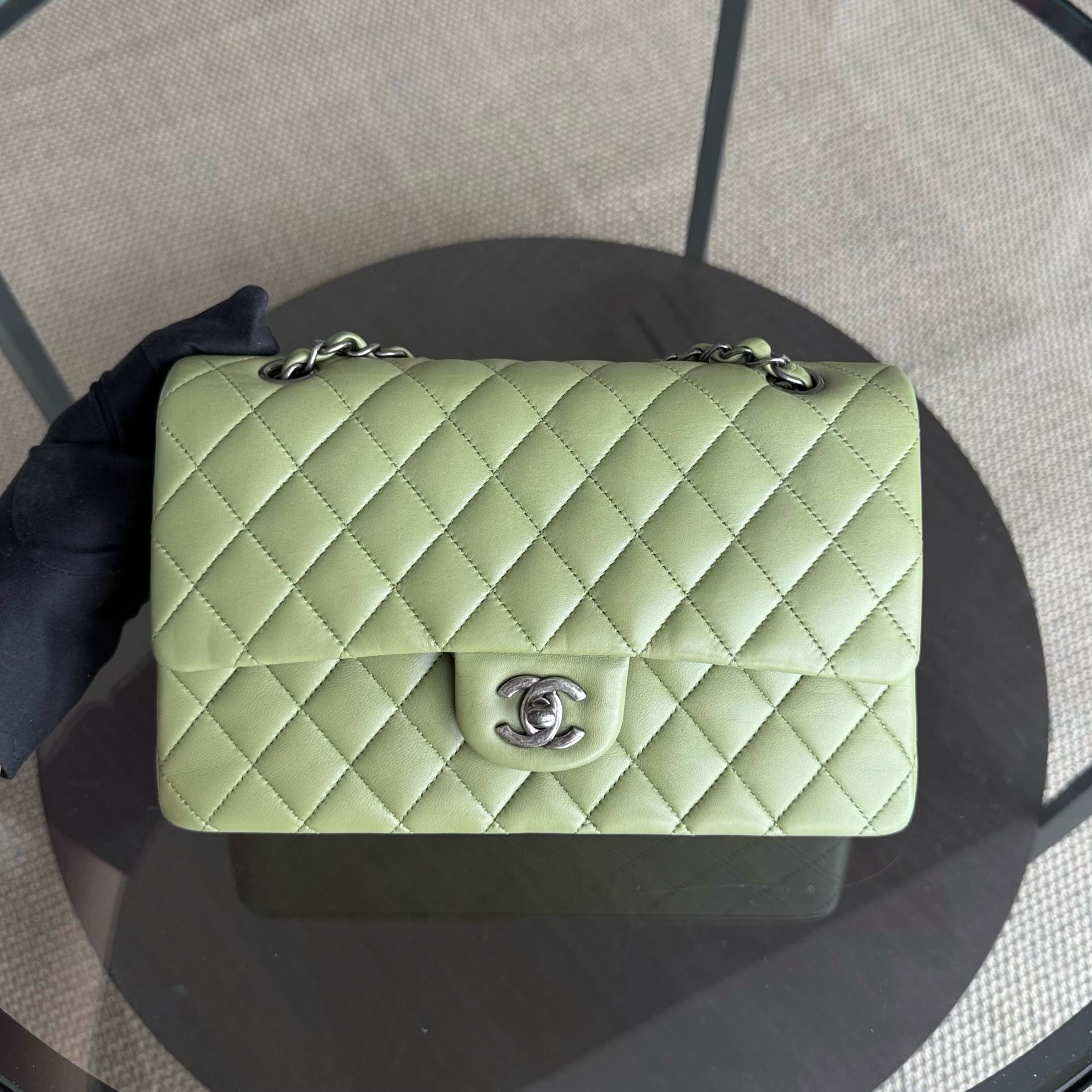 Chanel Classic Flap Medium - 25CM Quilted Lambskin Olive Green Silver Hardware Series 19