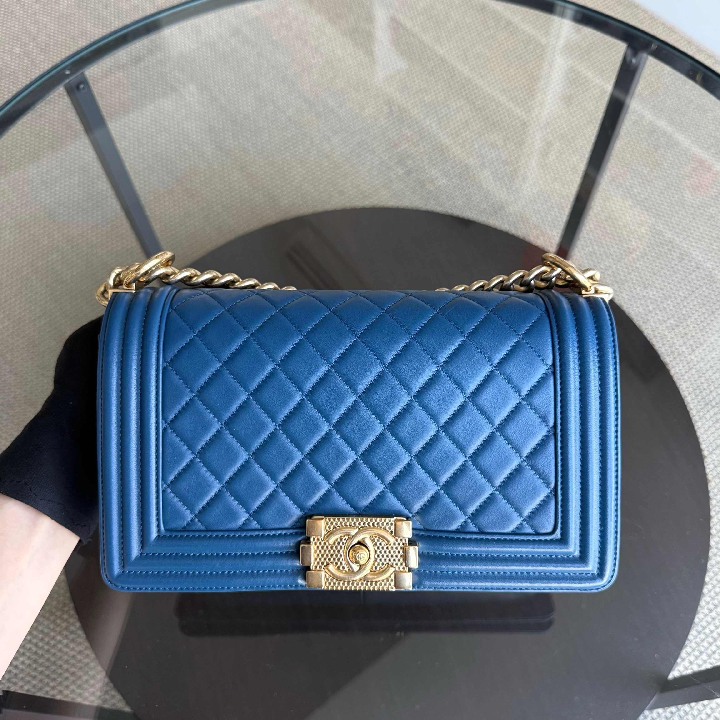 Chanel Boy Old Medium - Quilted Lambskin Blue Gold Hardware Series 23