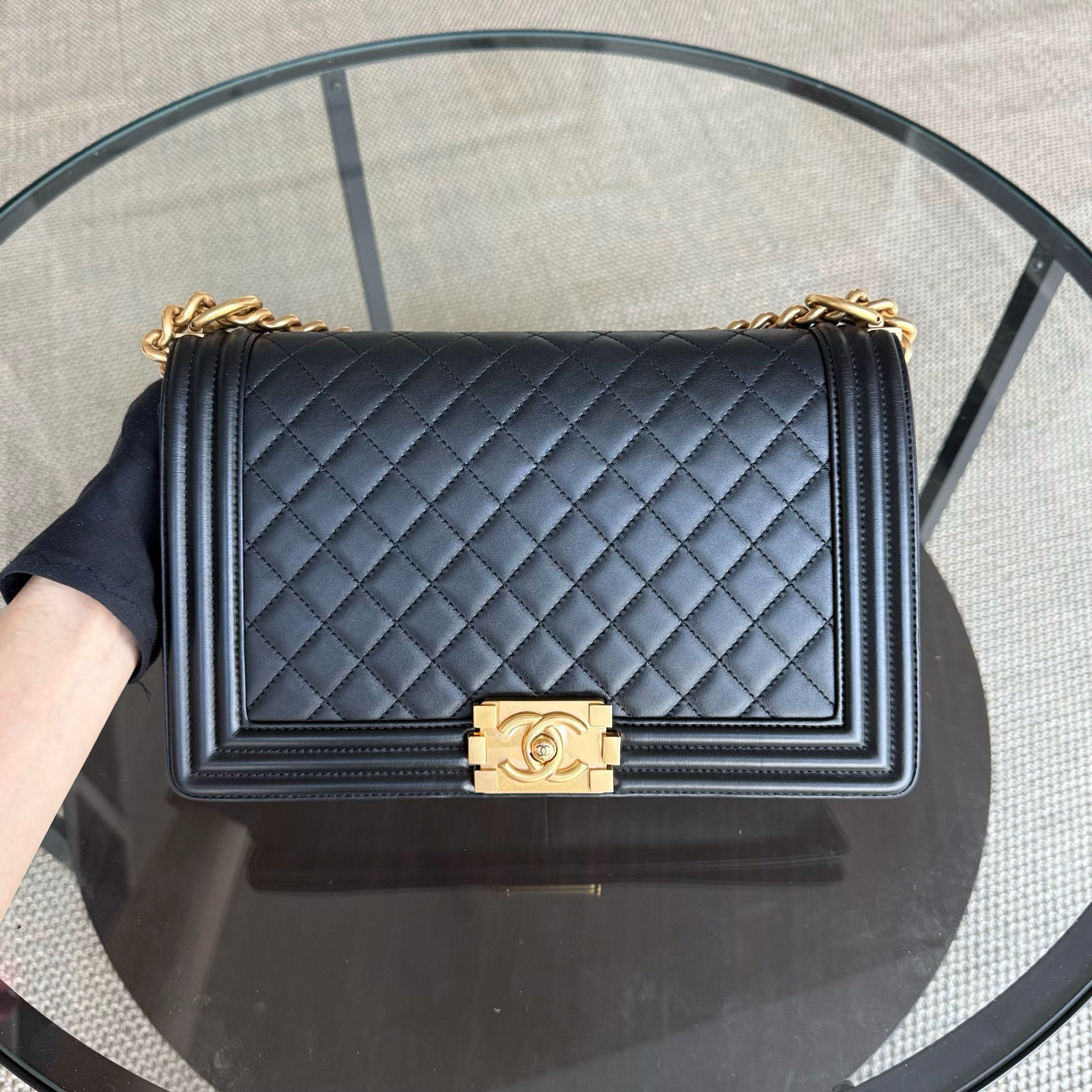 Chanel Boy New Medium - 28CM Quilted Lambskin Black Gold Hardware Series 26