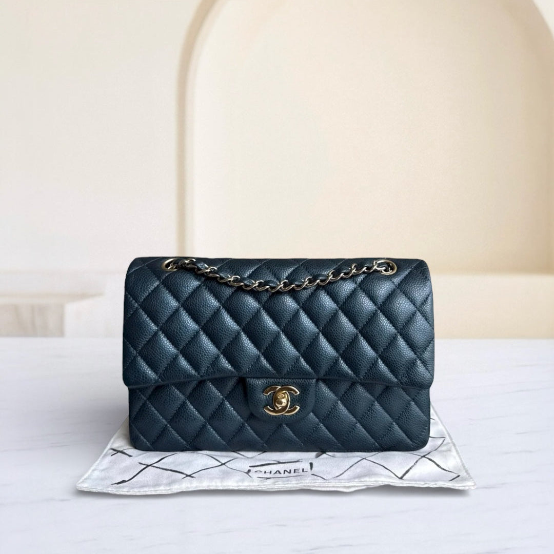 Chanel Classic Flap Medium - Caviar 25CM Quilted Iridescent Dark Blue Gold Hardware Series 25