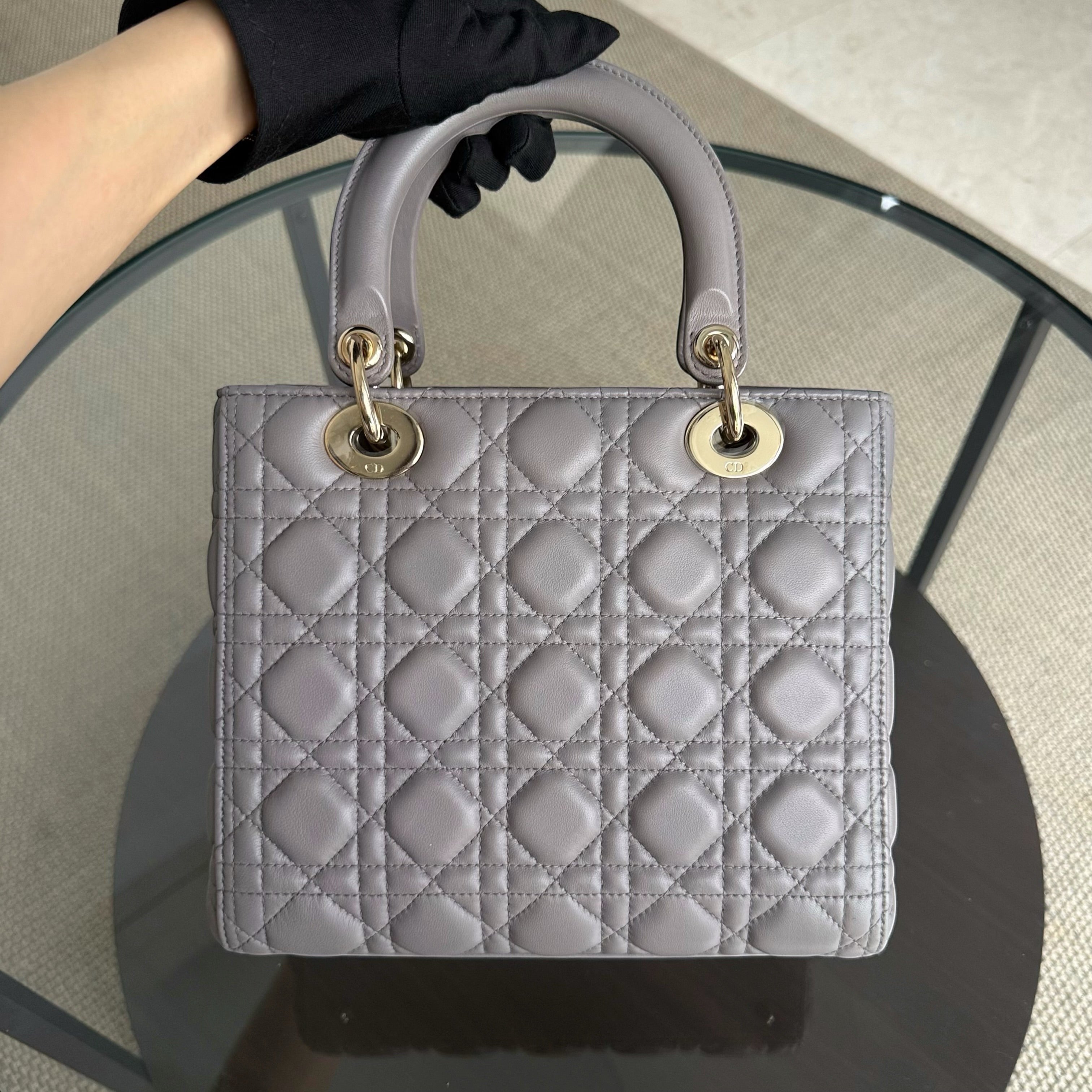 Dior Lady Medium - Cannage Lambskin Gray Grey Gold Hardware Adjustable Strap