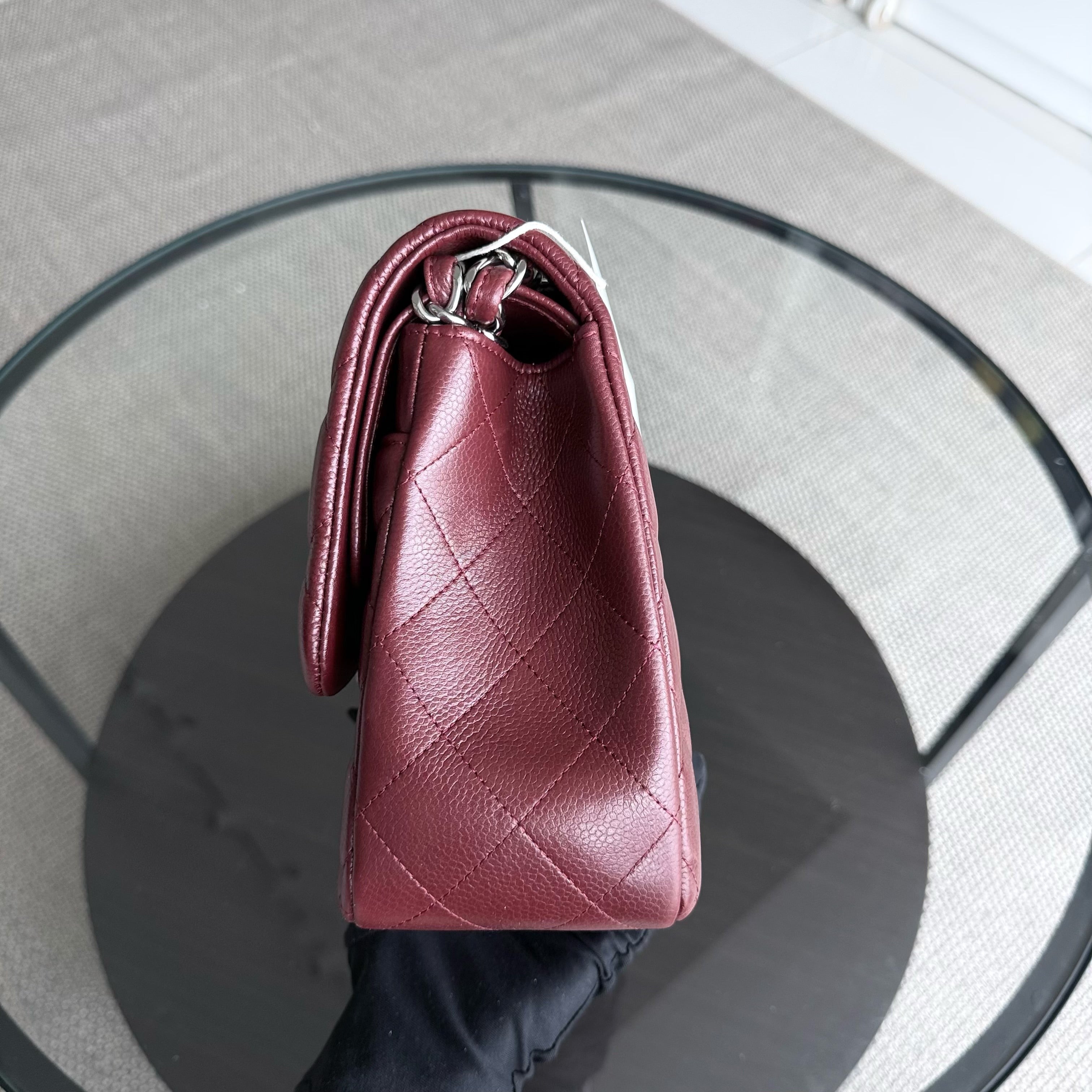 Chanel Classic Flap Jumbo - Caviar 30CM Double Flap Quilted Burgundy Silver Hardware