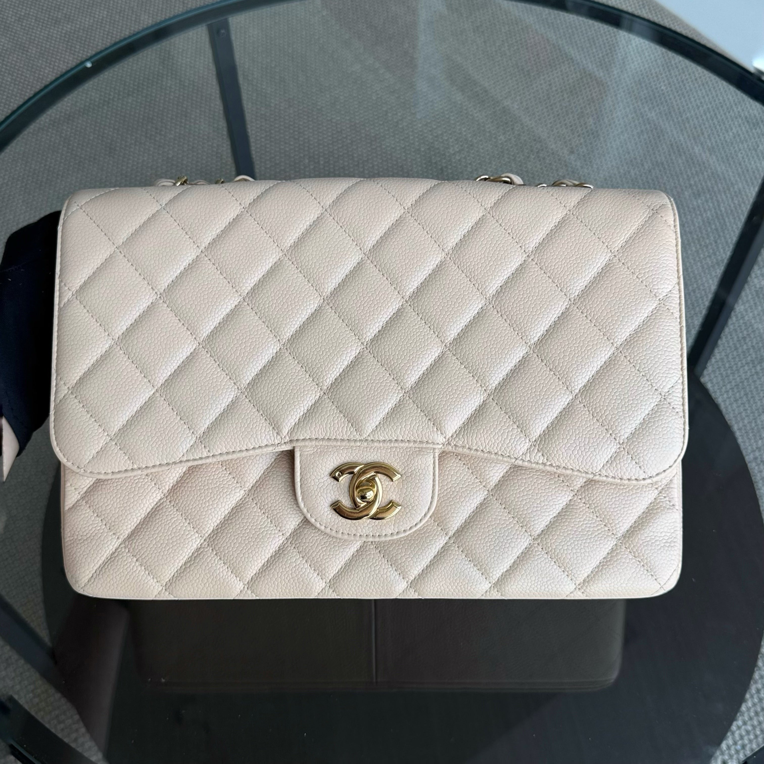 Chanel Classic Flap Jumbo - Caviar 30CM Single Flap Quilted Beige 24K Gold Hardware Series 12