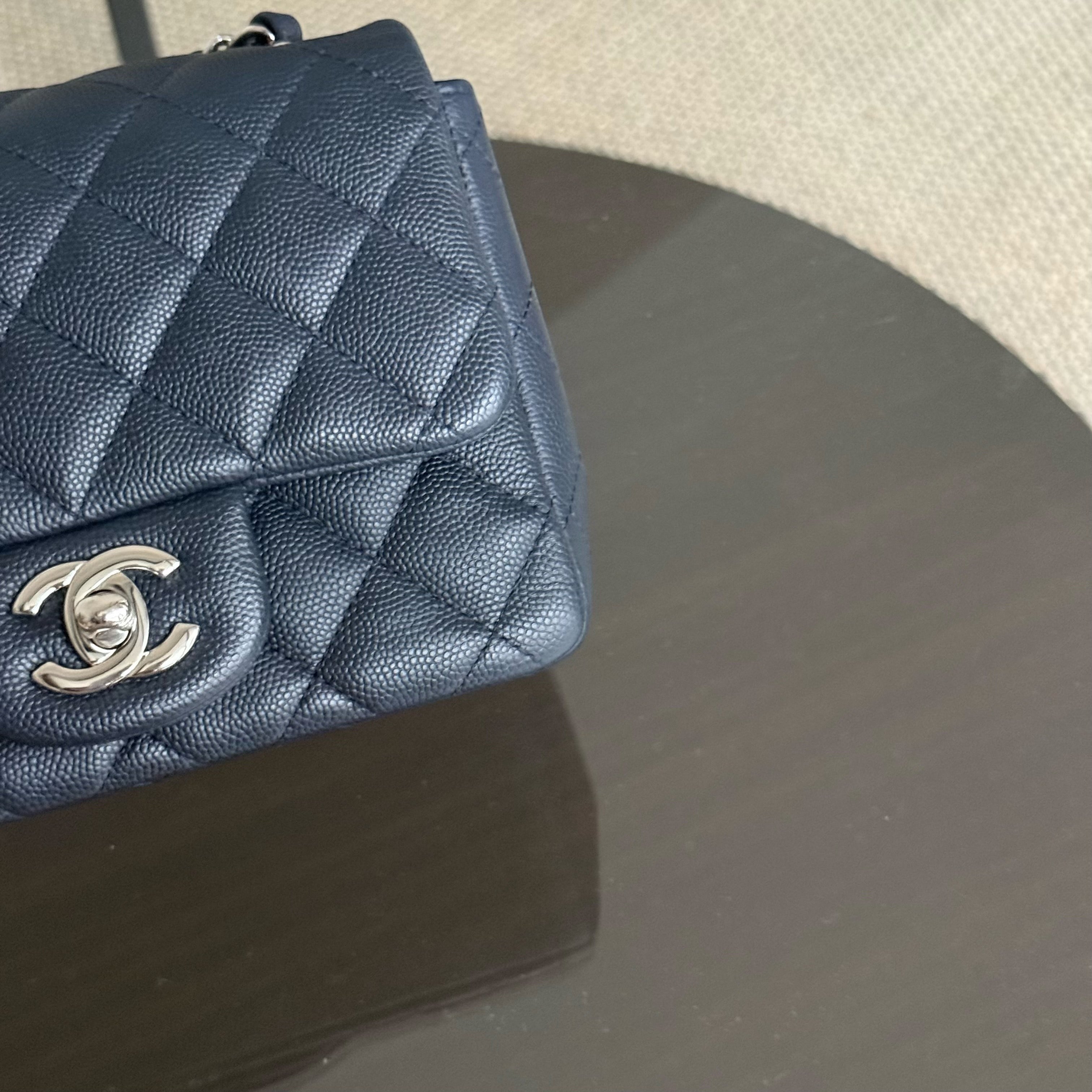 Chanel Classic Flap Mini Square - Caviar Quilted Midnight Blue Silver Hardware Series 26