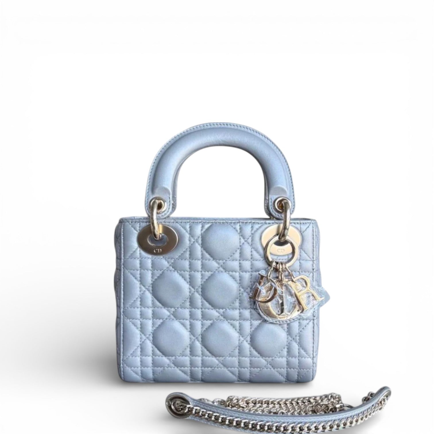 Dior Lady Mini - Cannage Lambskin Gray Gold Hardware Chain Strap