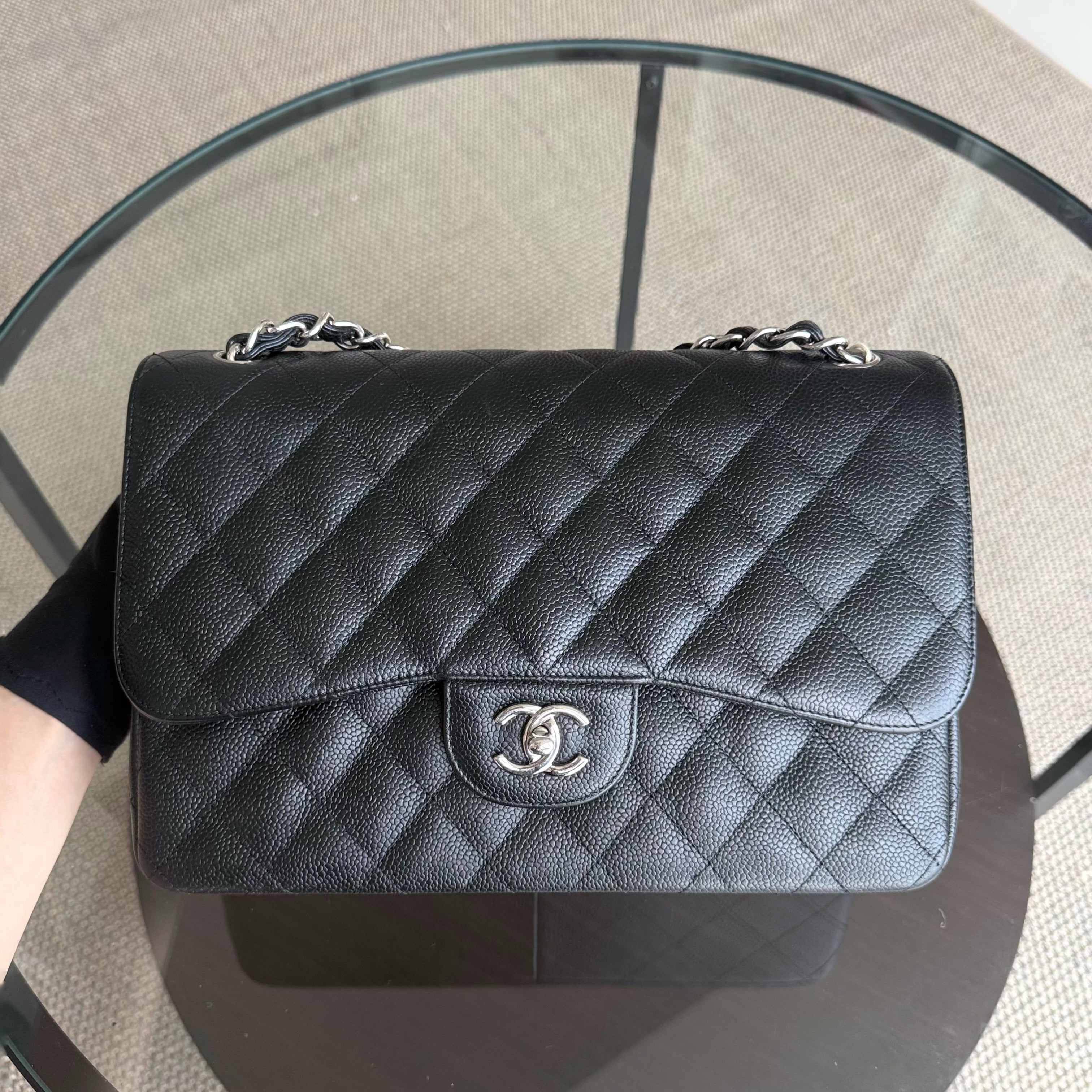 Chanel Classic Flap Jumbo - Caviar 30CM Double Flap Quilted Black Silver Hardware Series 15