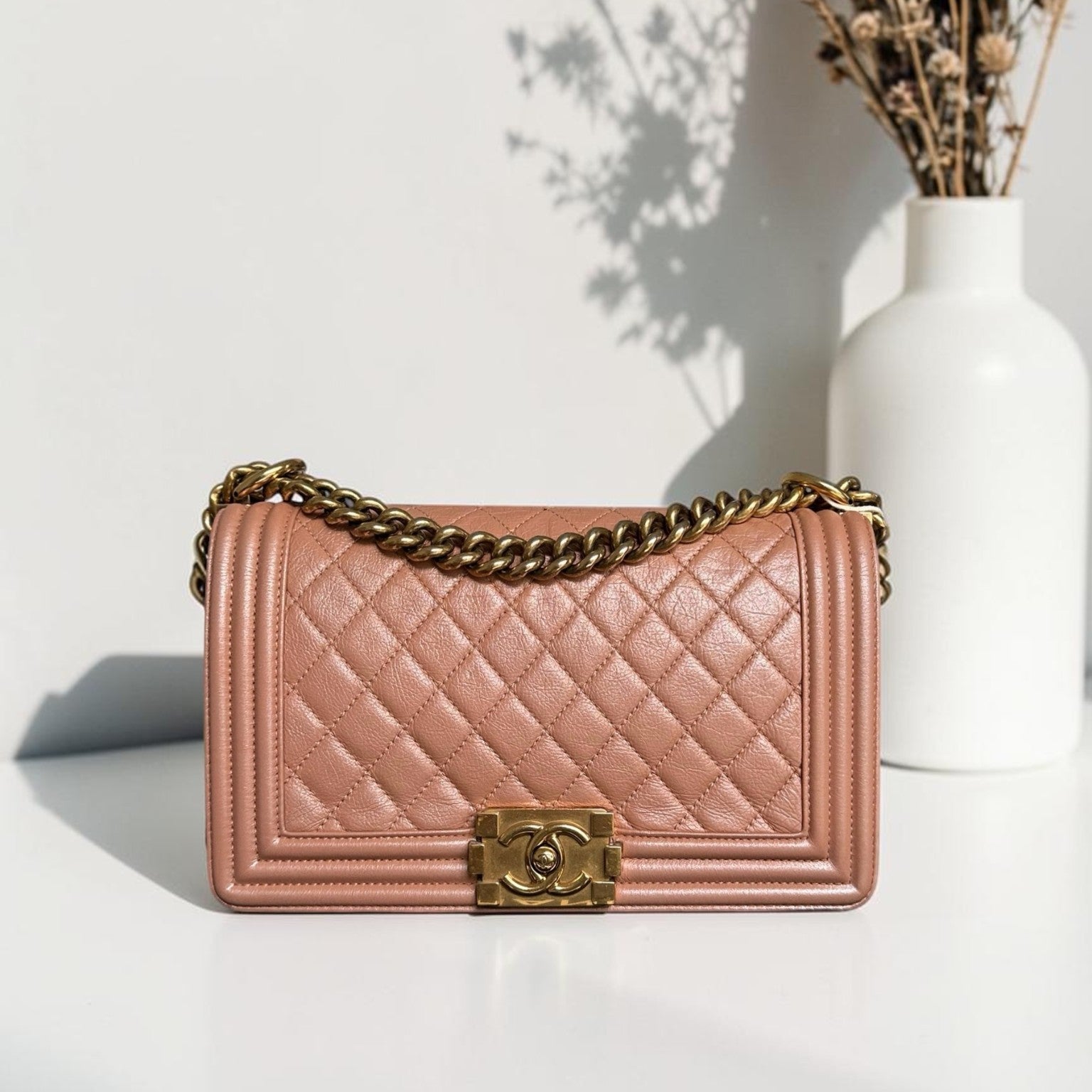 Chanel Boy Medium - 25CM Quilted Calfskin Blush Gold Hardware Series 20