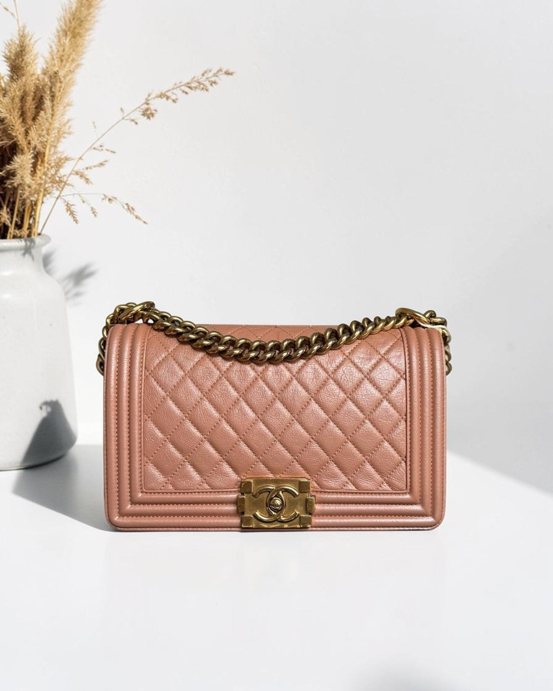 Chanel Boy Medium - 25CM Quilted Calfskin Blush Gold Hardware Series 20