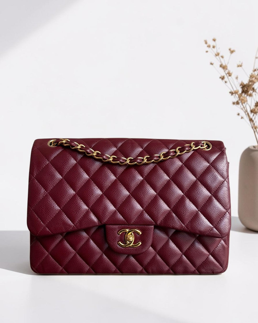Chanel Classic Flap Jumbo - Caviar 30CM Double Flap Quilted Burgundy Gold Hardware series 21