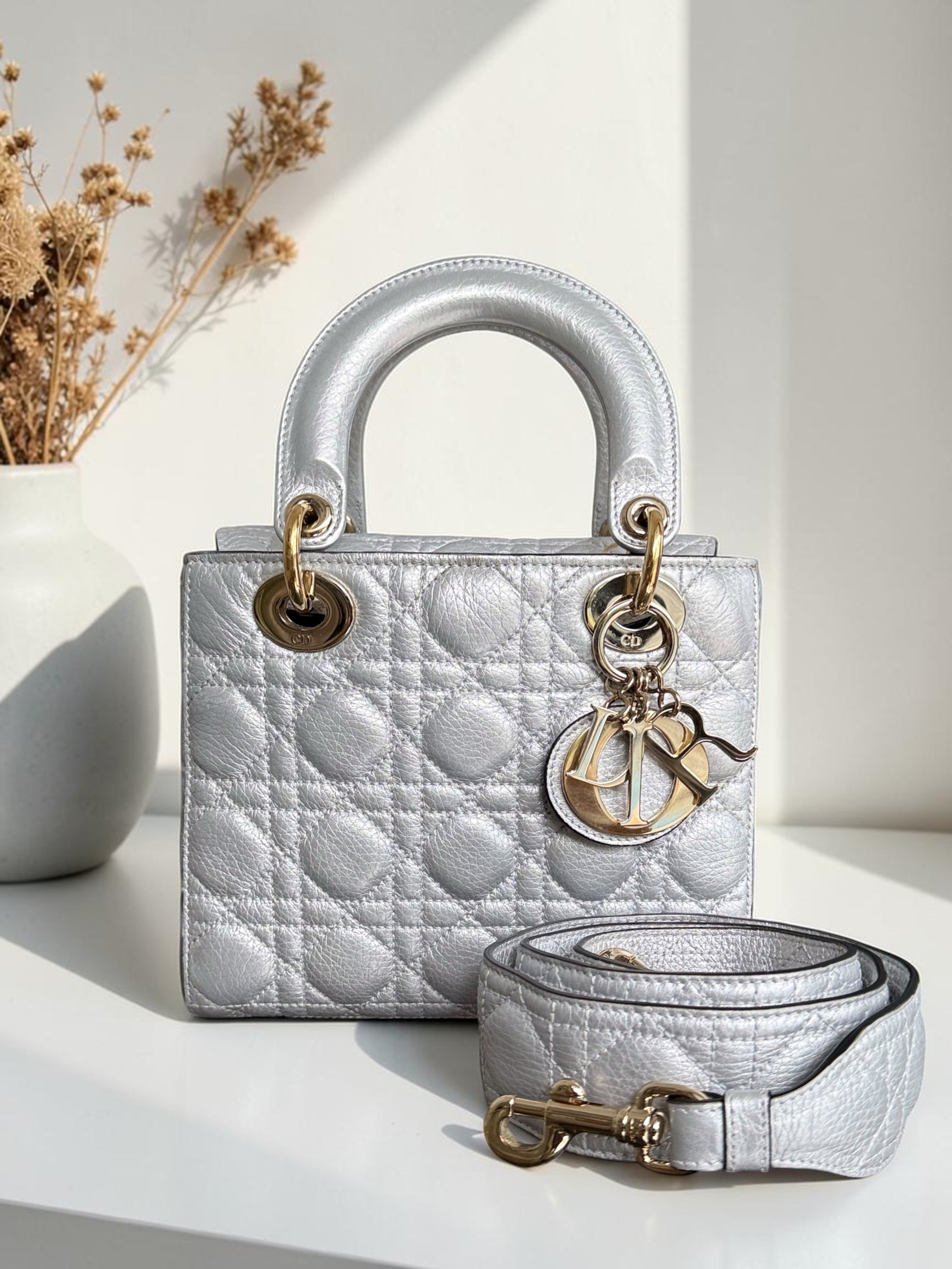 Dior Lady Small - Cannage Gray Calfskin Gold Hardware