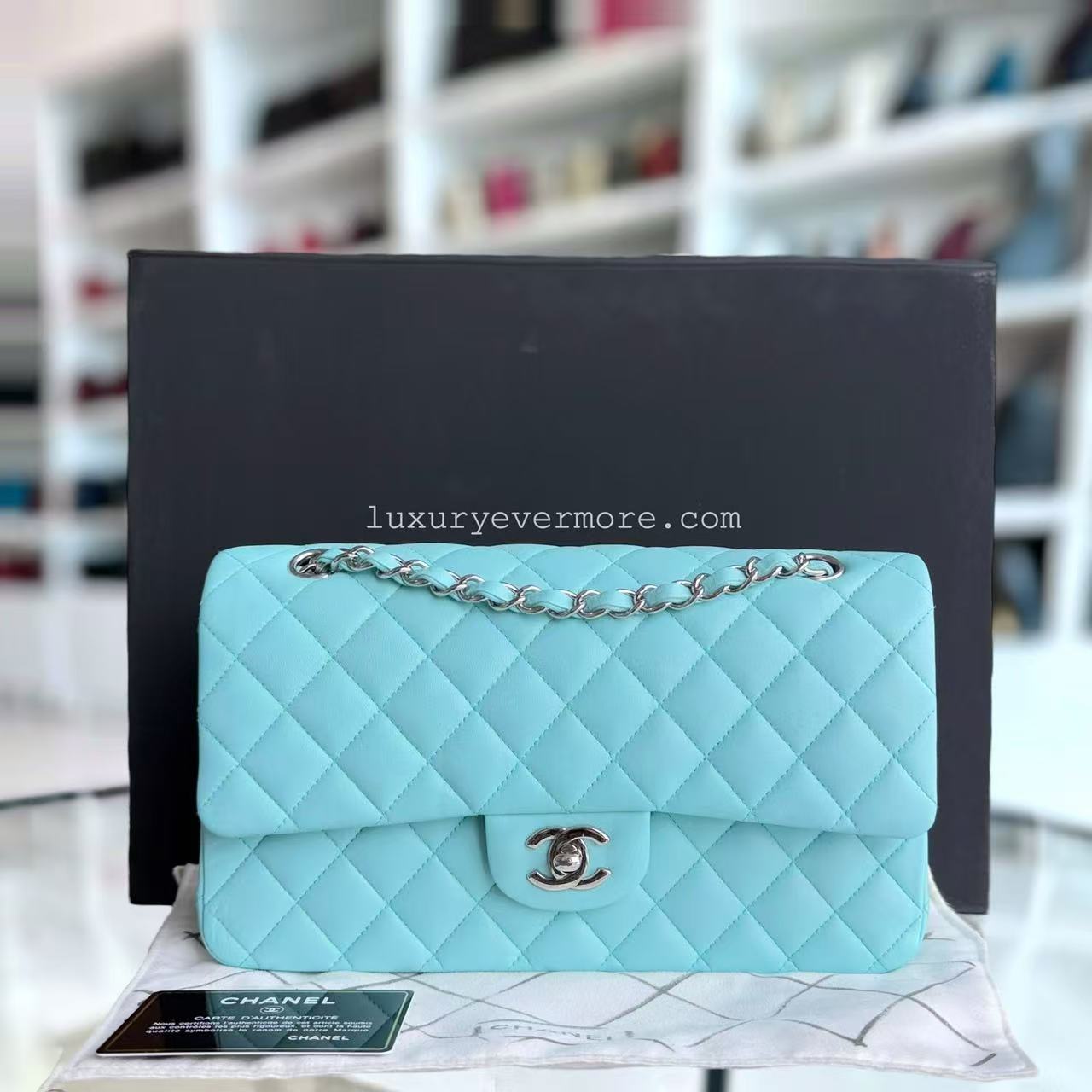 Chanel Classic Flap Medium - 25CM Quilted Lambskin Tiffany Blue Silver Hardware Series 27