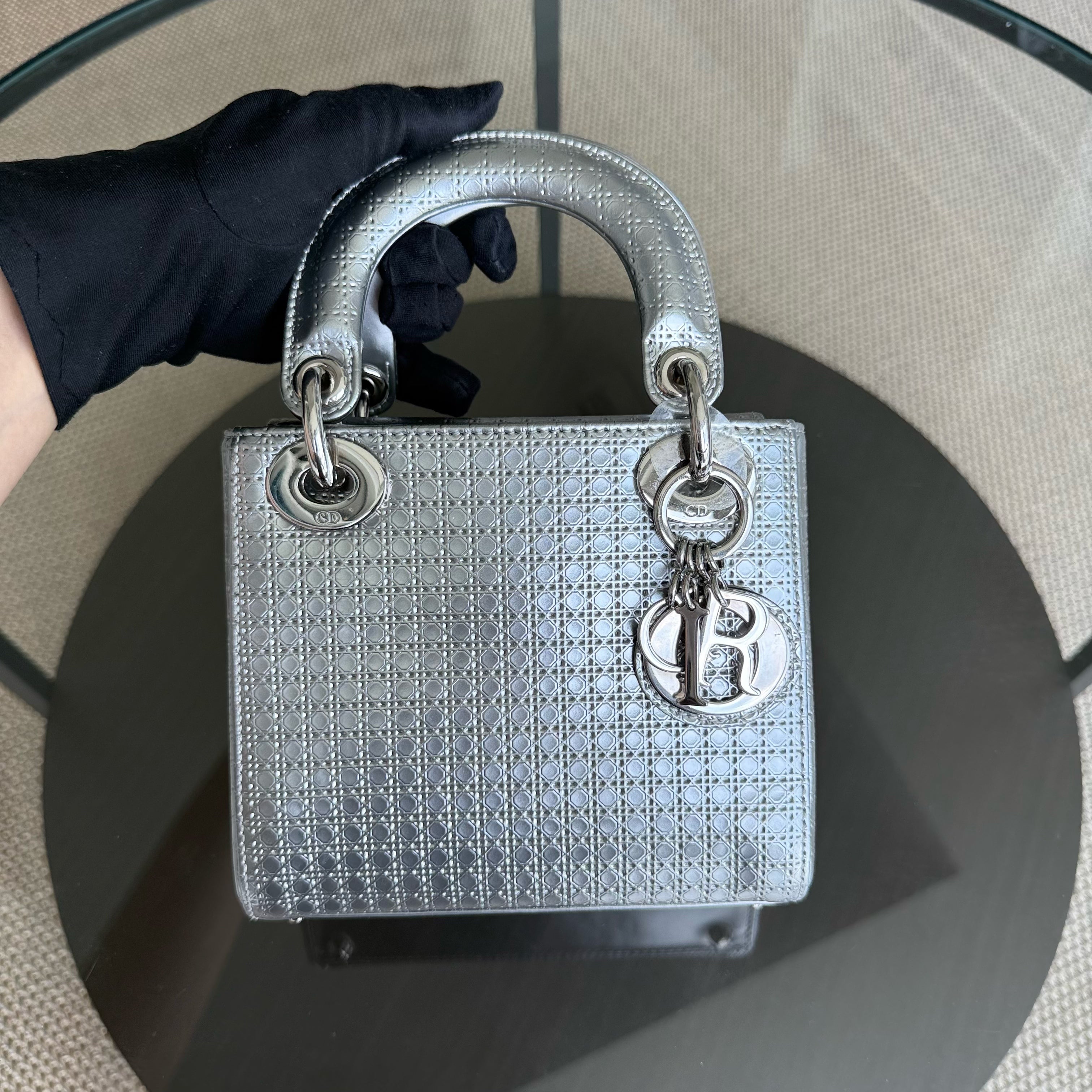Dior Lady Mini - Micro Cannage Metallic Silver Hardware Adjustable Strap