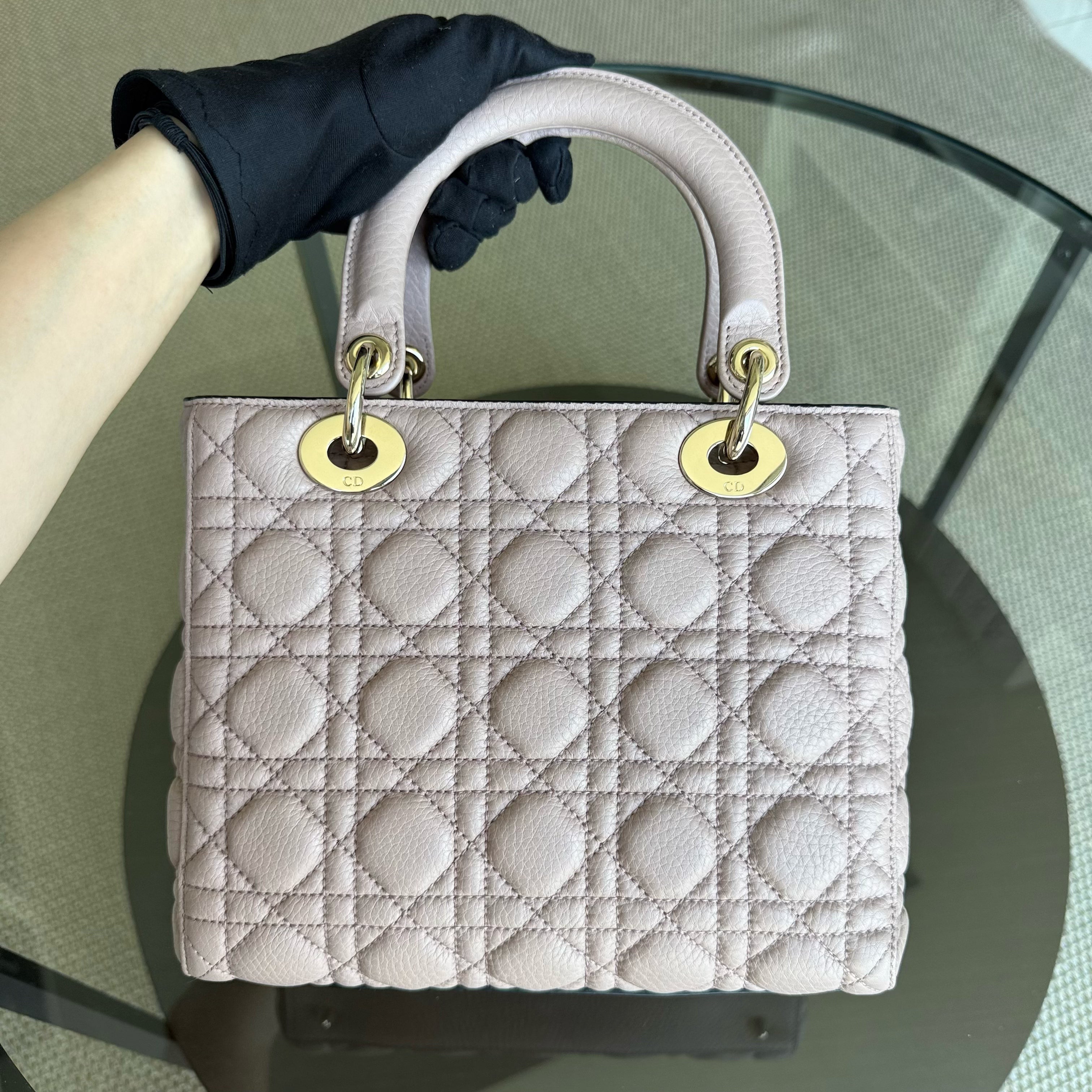 Dior Lady Medium Flap - Grained Calfskin Caviar Cannage Nude Pink Gold Hardware