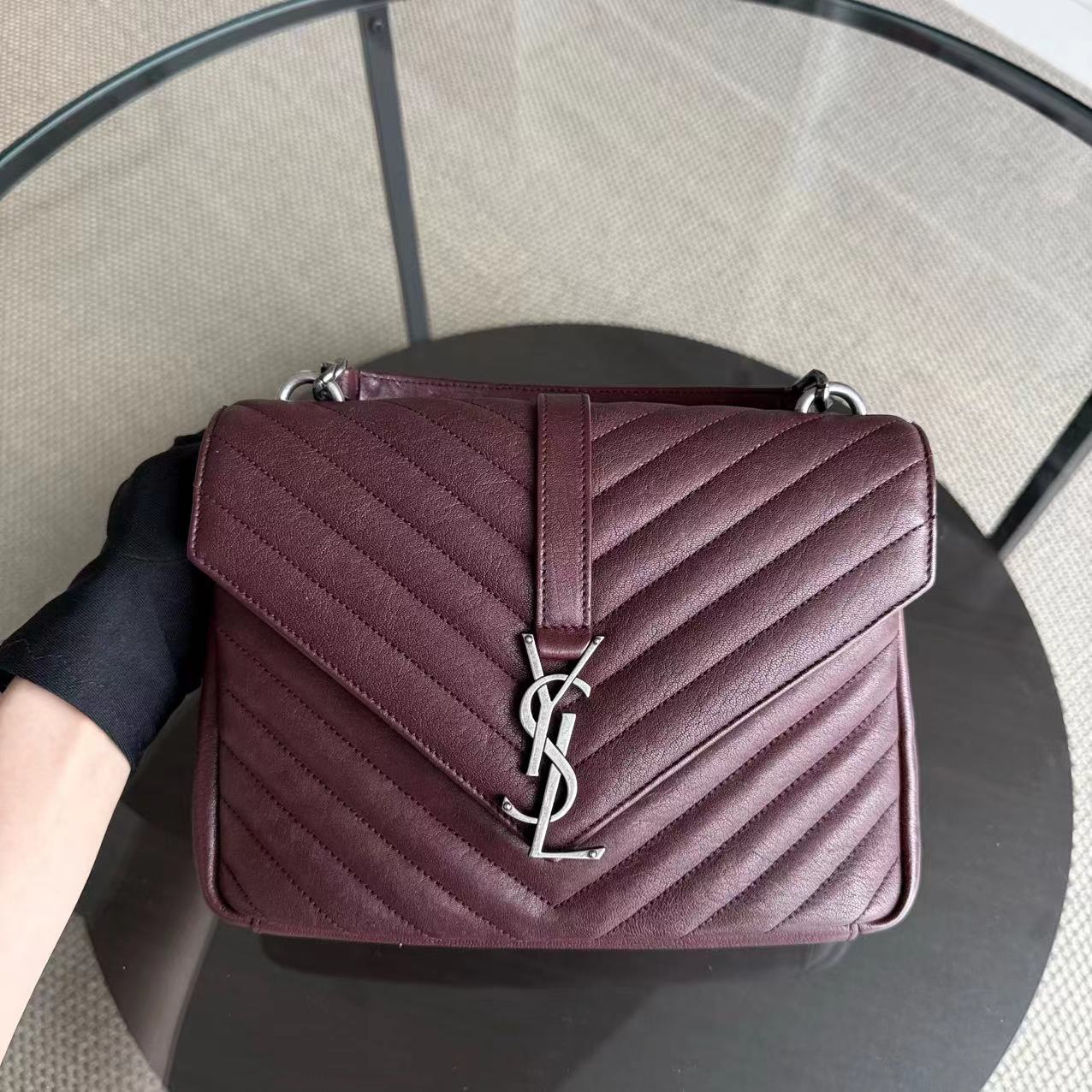 Yves Saint Laurent YSL College - Medium Chevron Leather Burgundy Ruthenium Silver Hardware