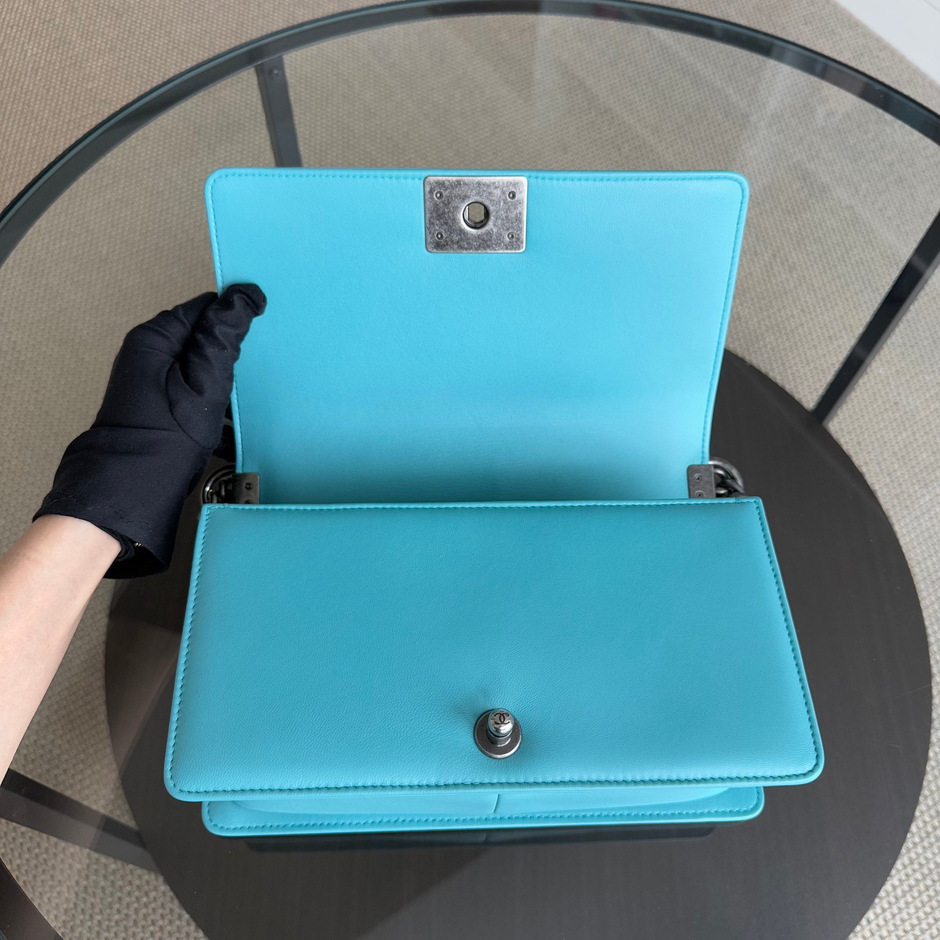 Chanel Boy Medium - 25CM Quilted Lambskin Cyan Blue Ruthenium Silver Hardware Series 19