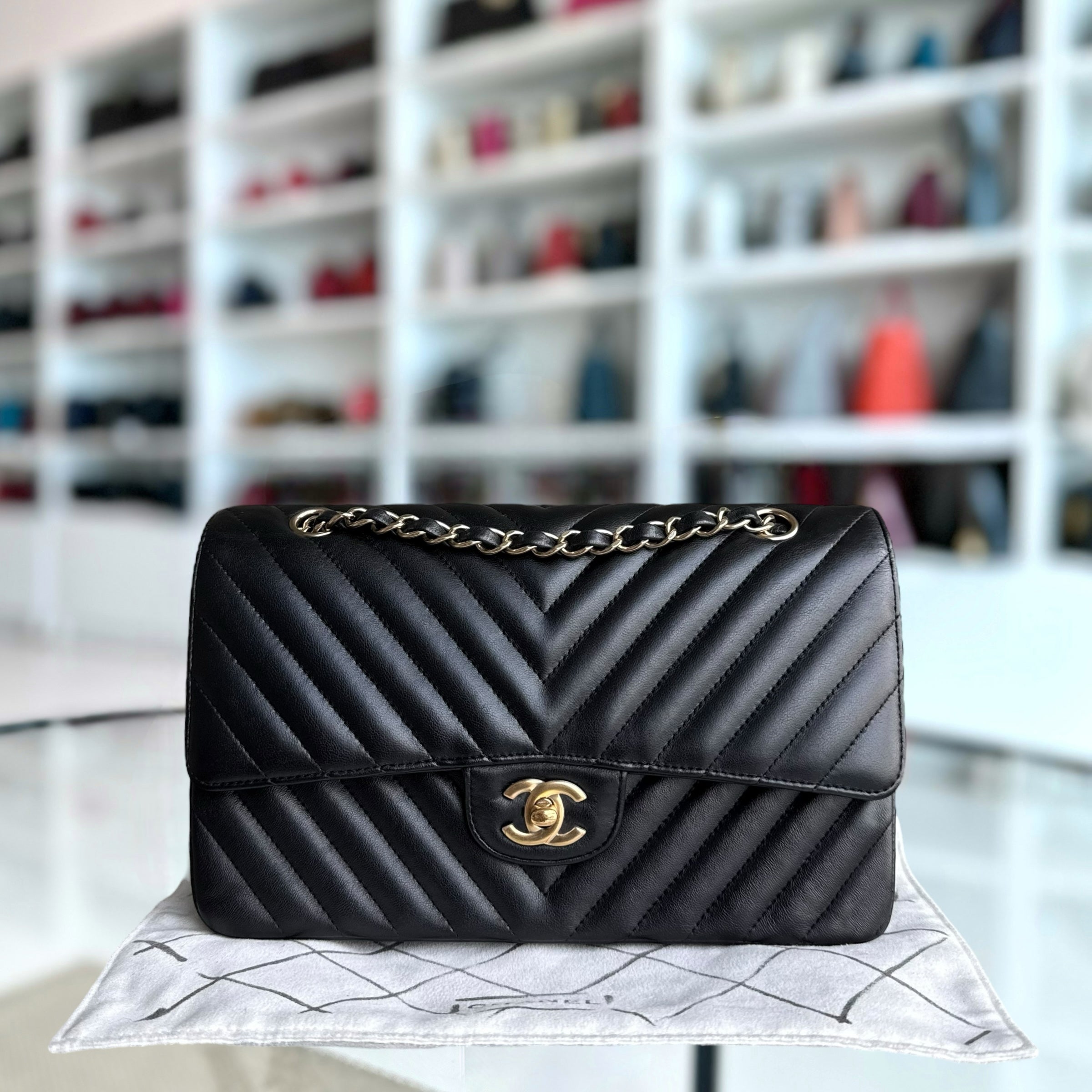 Chanel Classic Flap Medium - 25CM Chevron Lambskin Black Gold Hardware Series 23