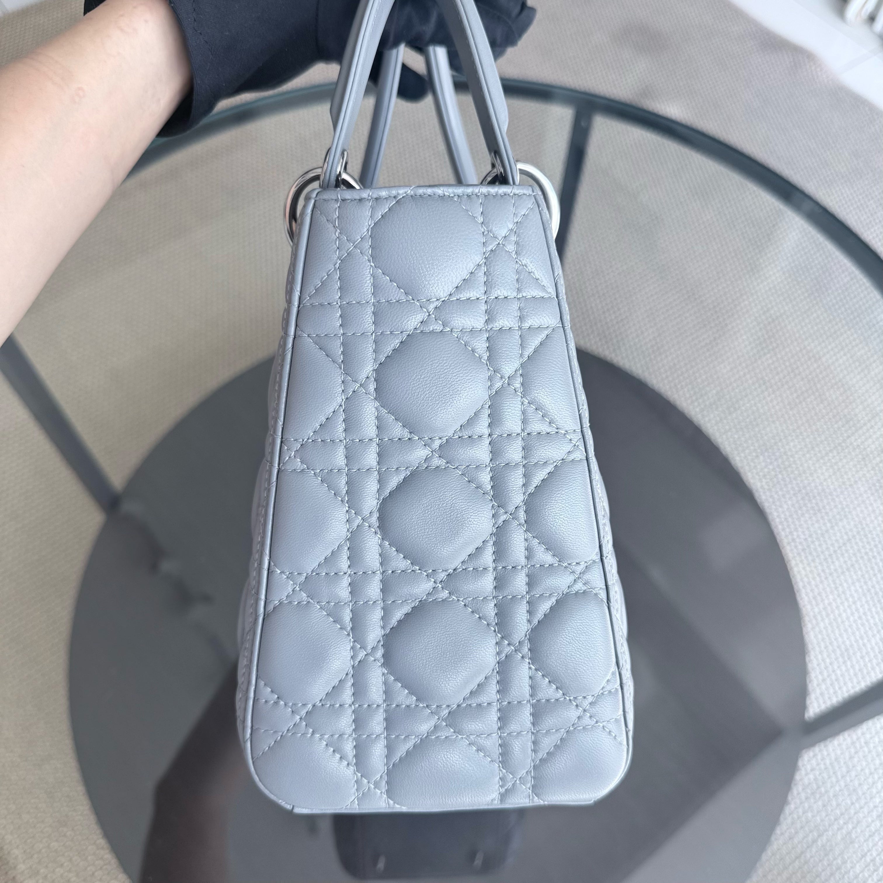 Dior Lady Medium - Cannage Lambskin Grey Gray Silver Hardware