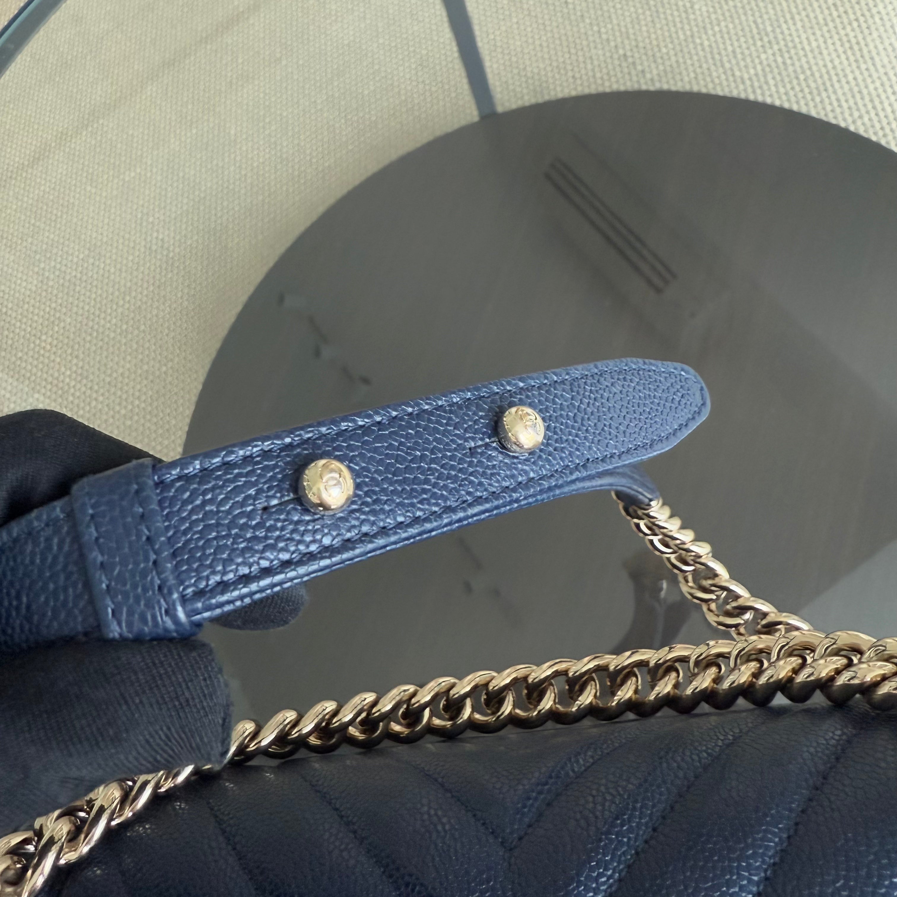 Chanel Boy Medium - Caviar 25CM Chevron Dark Navy Blue Gold Hardware Series 24