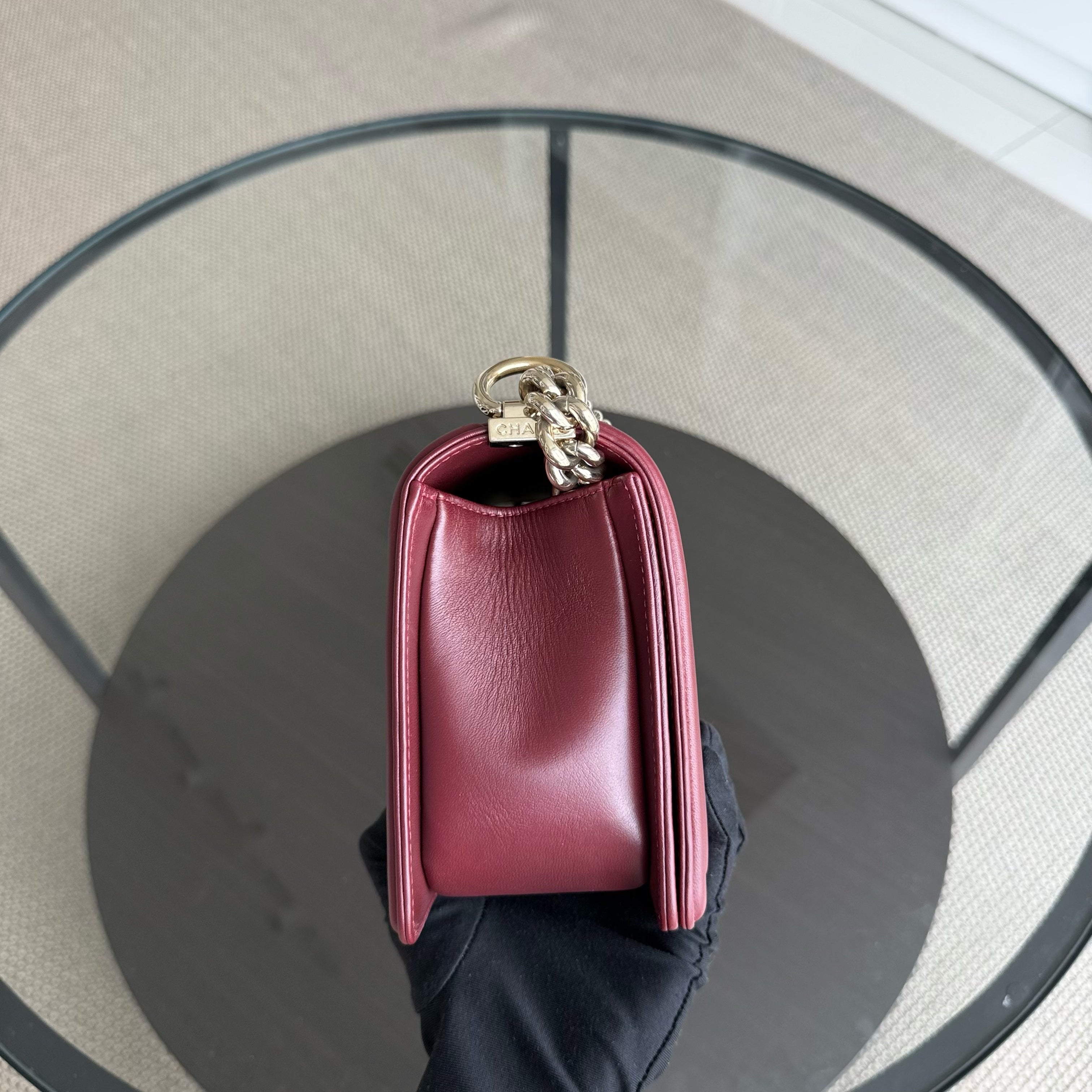 Chanel Boy Medium - 25CM Quilted Lambskin Burgundy Red Gold Hardware Series 22