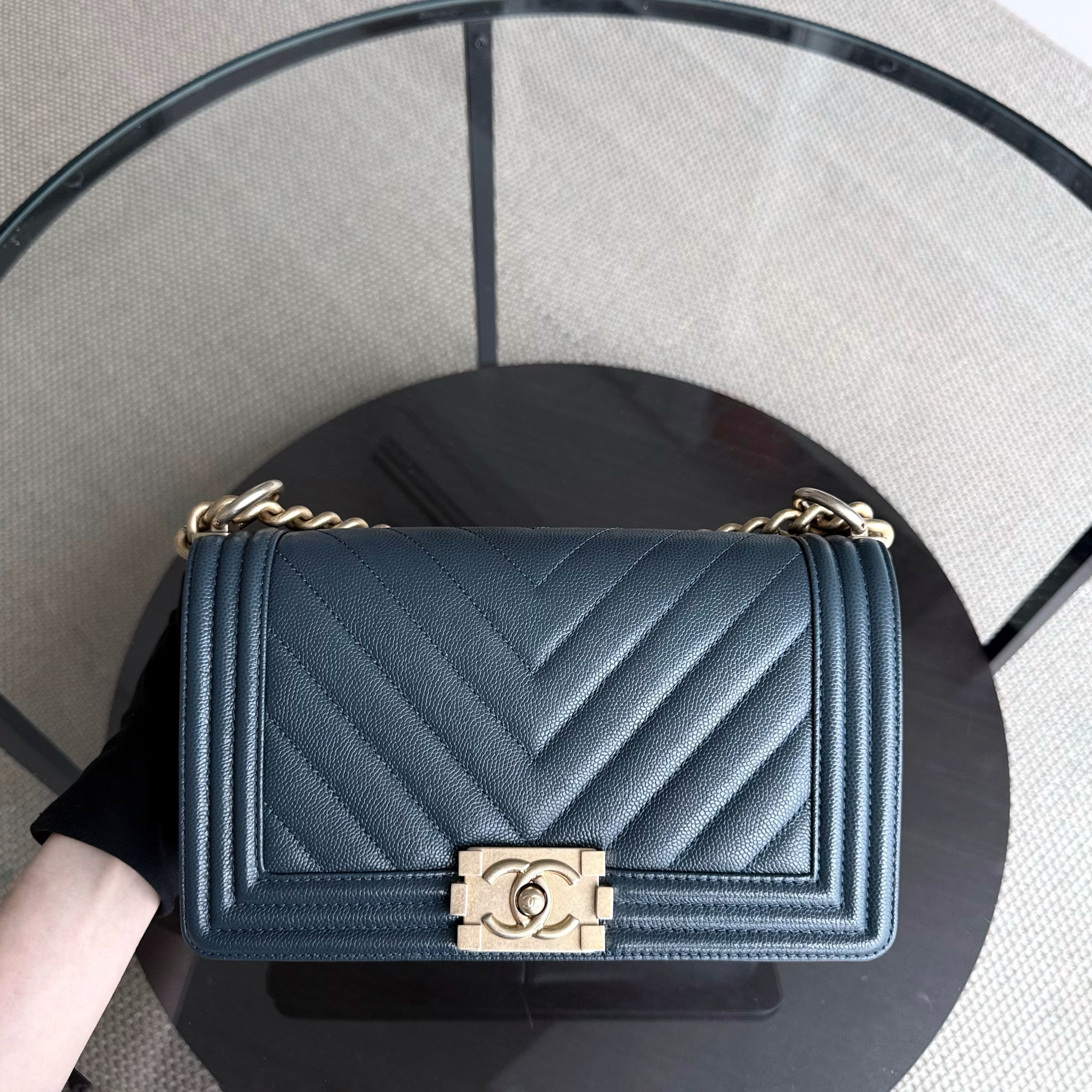 Chanel Boy Medium - Caviar 25CM Chevron Grained Calfskin Blue Gold Hardware Series 25