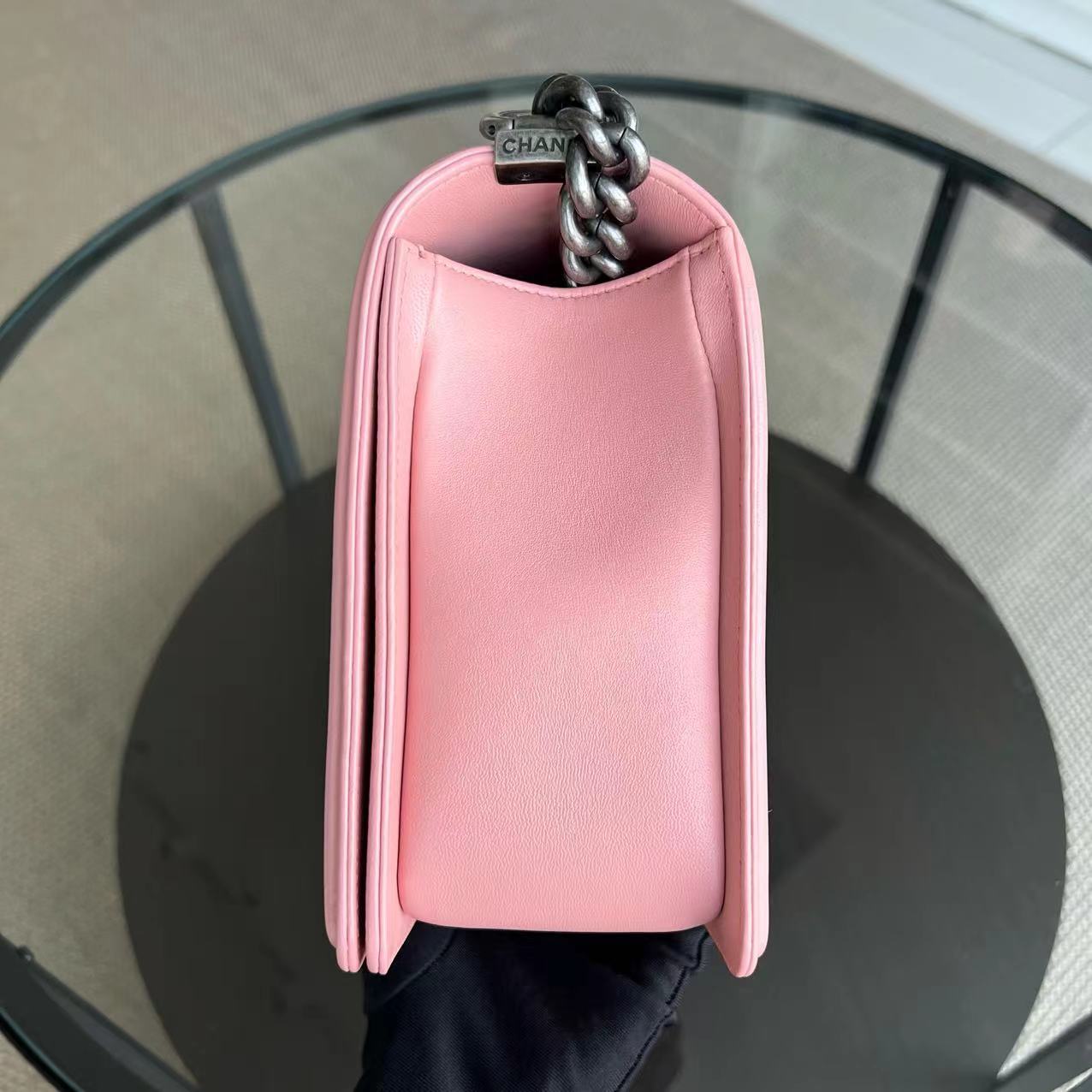 Boy New Medium 28CM Quilted Lambskin Sakura Pink Leboy Ruthenium Silver Hardware Series 20