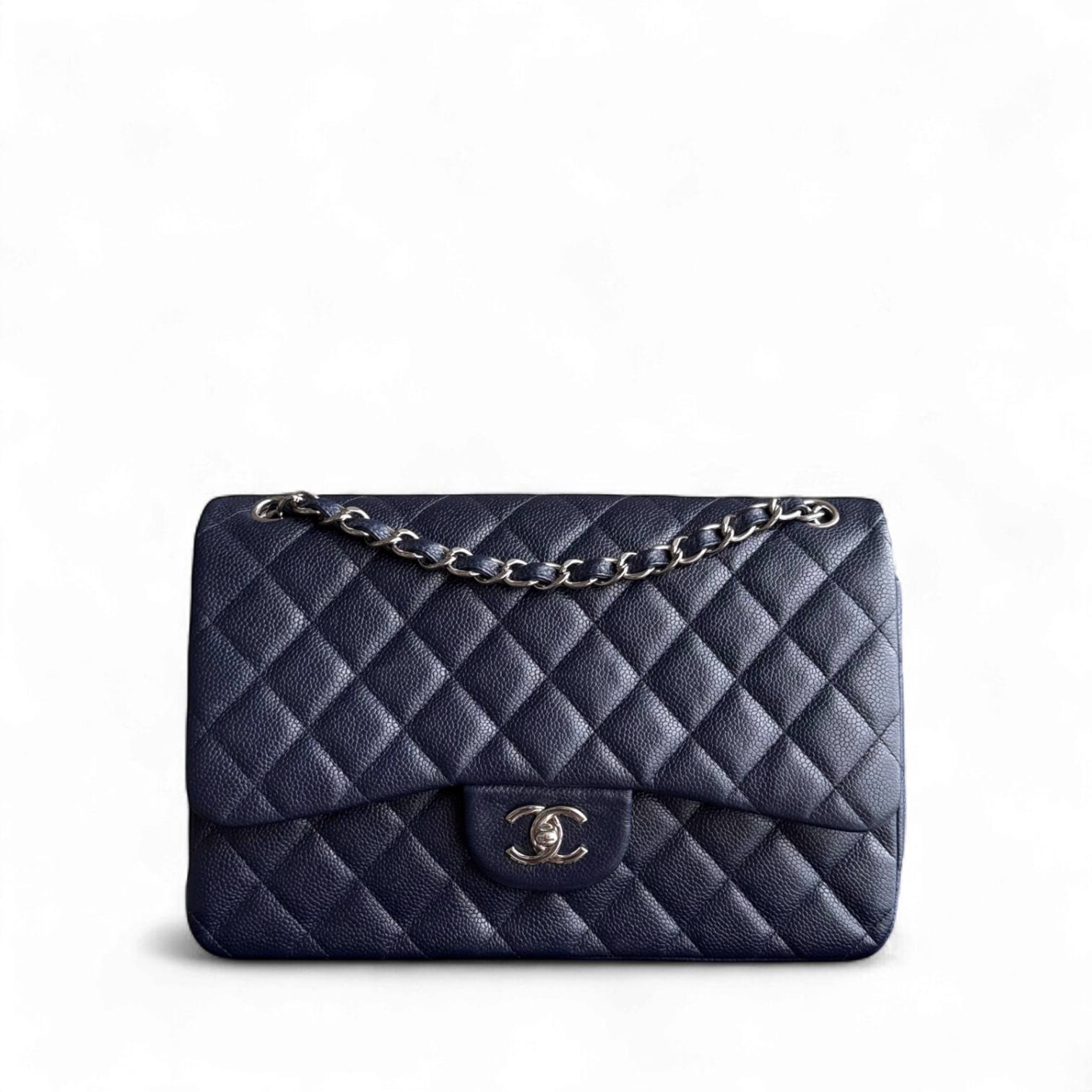 Chanel Classic Flap Jumbo - Caviar Double Flap 30CM Quilted Grained Calfskin Dark Blue Silver Hardware Series 19