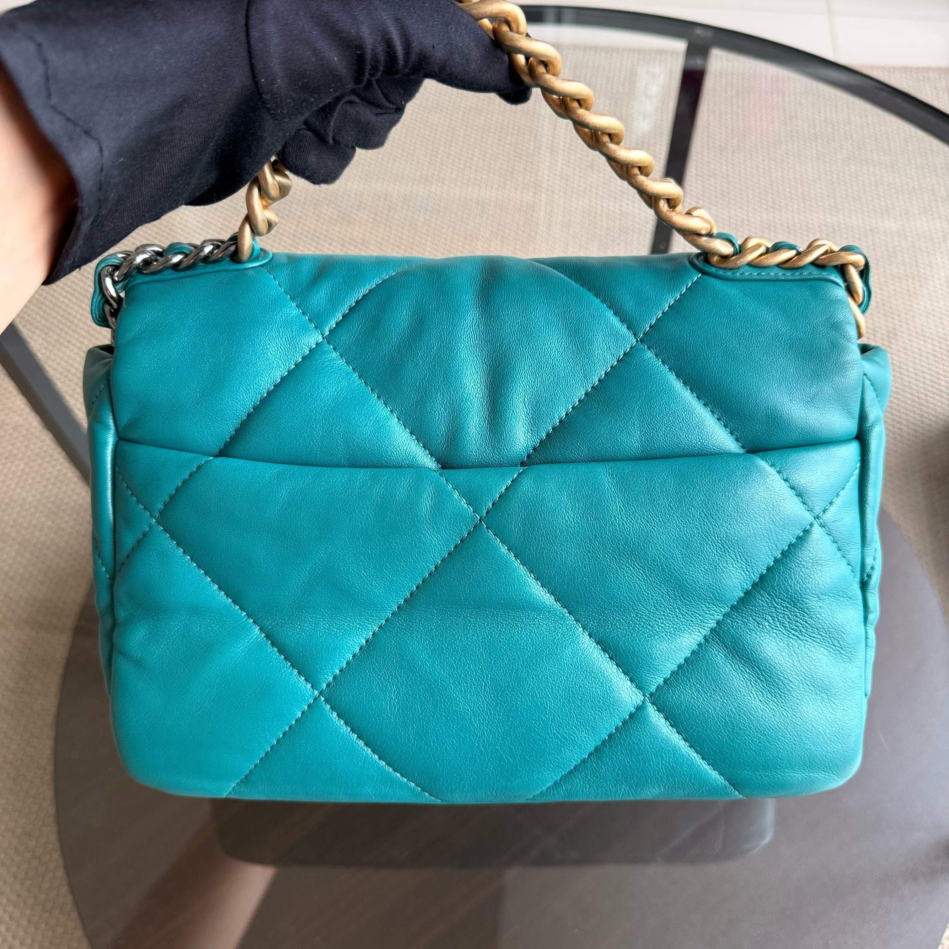 Chanel 19 Bag Small - Quilted Goatskin Green Blue Two-tone Hardware Series 30