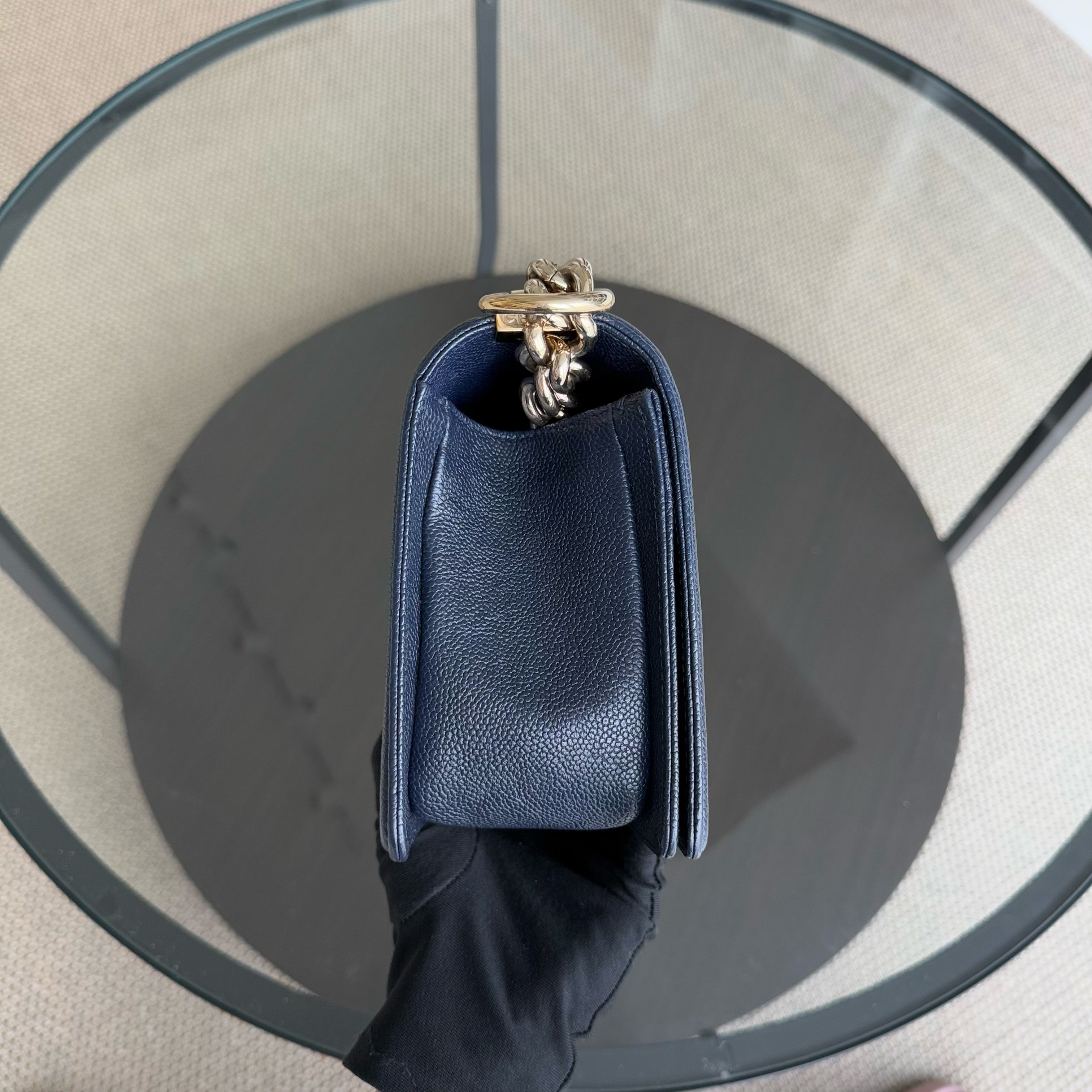 Chanel Boy Medium - Caviar 25CM Chevron Dark Navy Blue Gold Hardware Series 24
