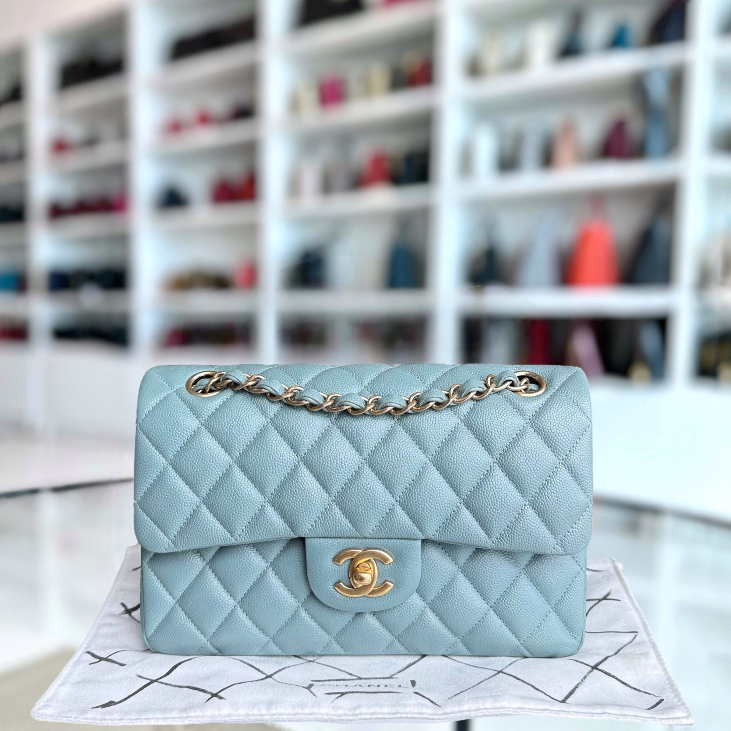 Chanel Classic Flap Small - Caviar 23CM Quilted Light Baby Blue Gold Hardware Series 25