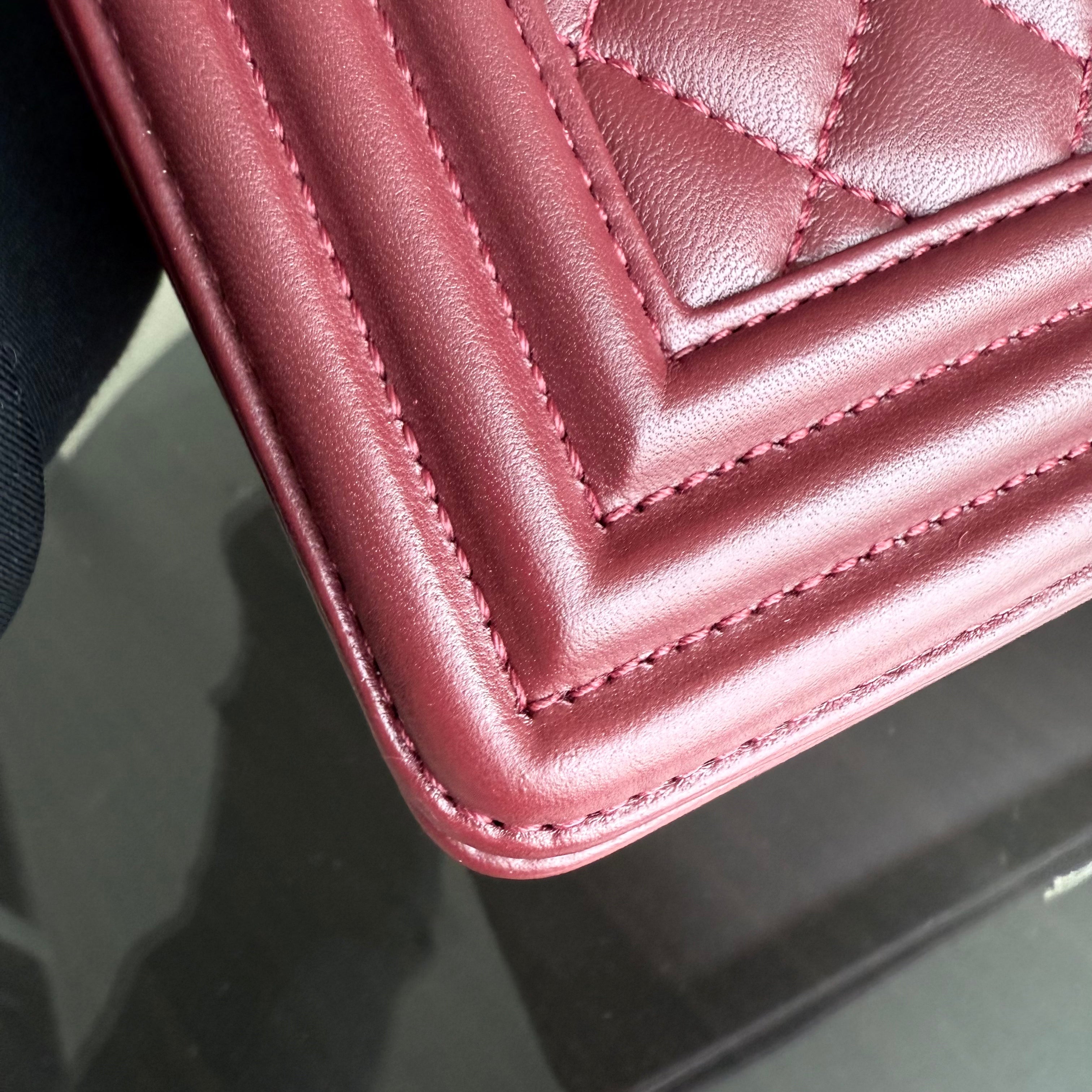 Chanel Boy Medium - 25CM Quilted Lambskin Burgundy Red Gold Hardware Series 22