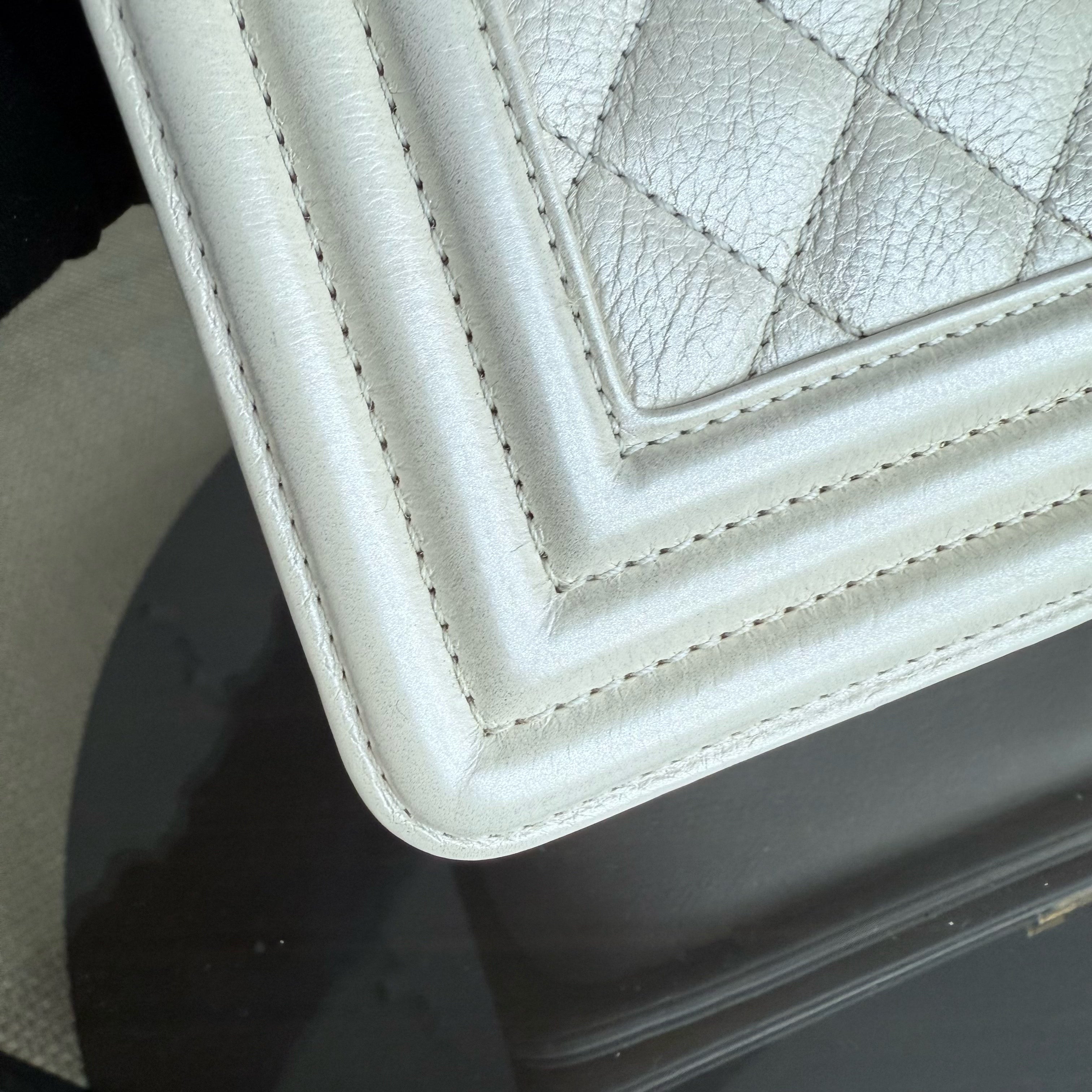 Chanel Boy Medium - Calfskin 25CM Quilted Cream White Aged Gold Hardware Series 20