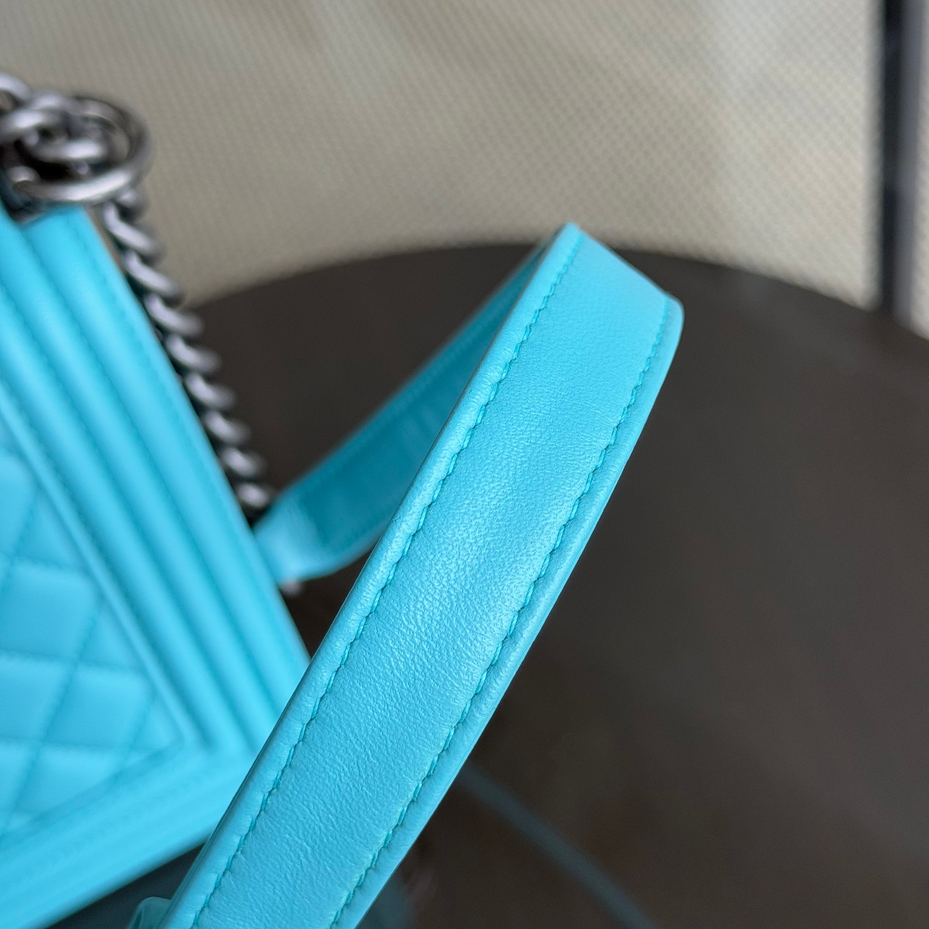 Chanel Boy Medium - 25CM Quilted Lambskin Cyan Blue Ruthenium Silver Hardware Series 19