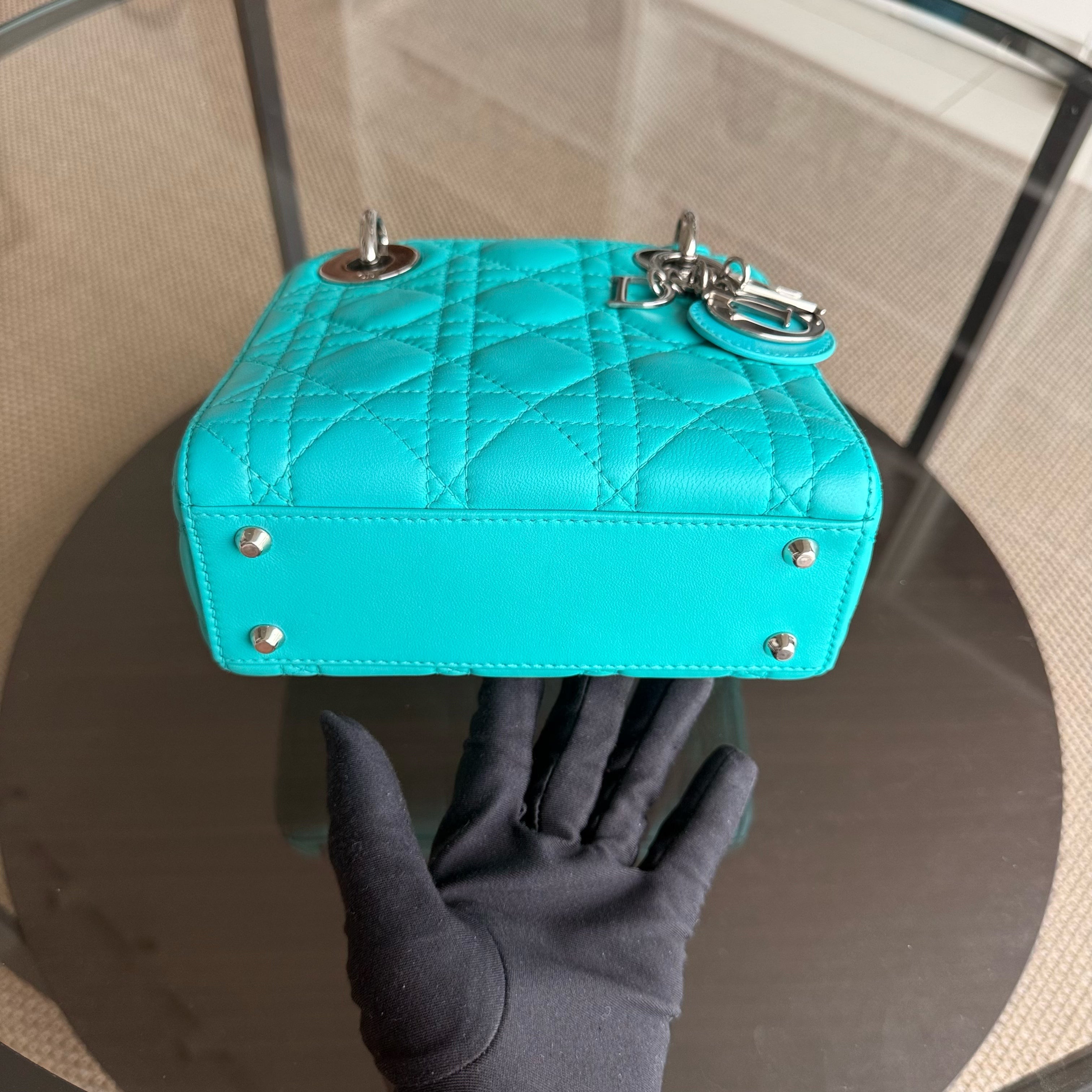 Dior Lady Mini - Cannage Lambskin Cyan Blue Silver Hardware Adjustable Strap