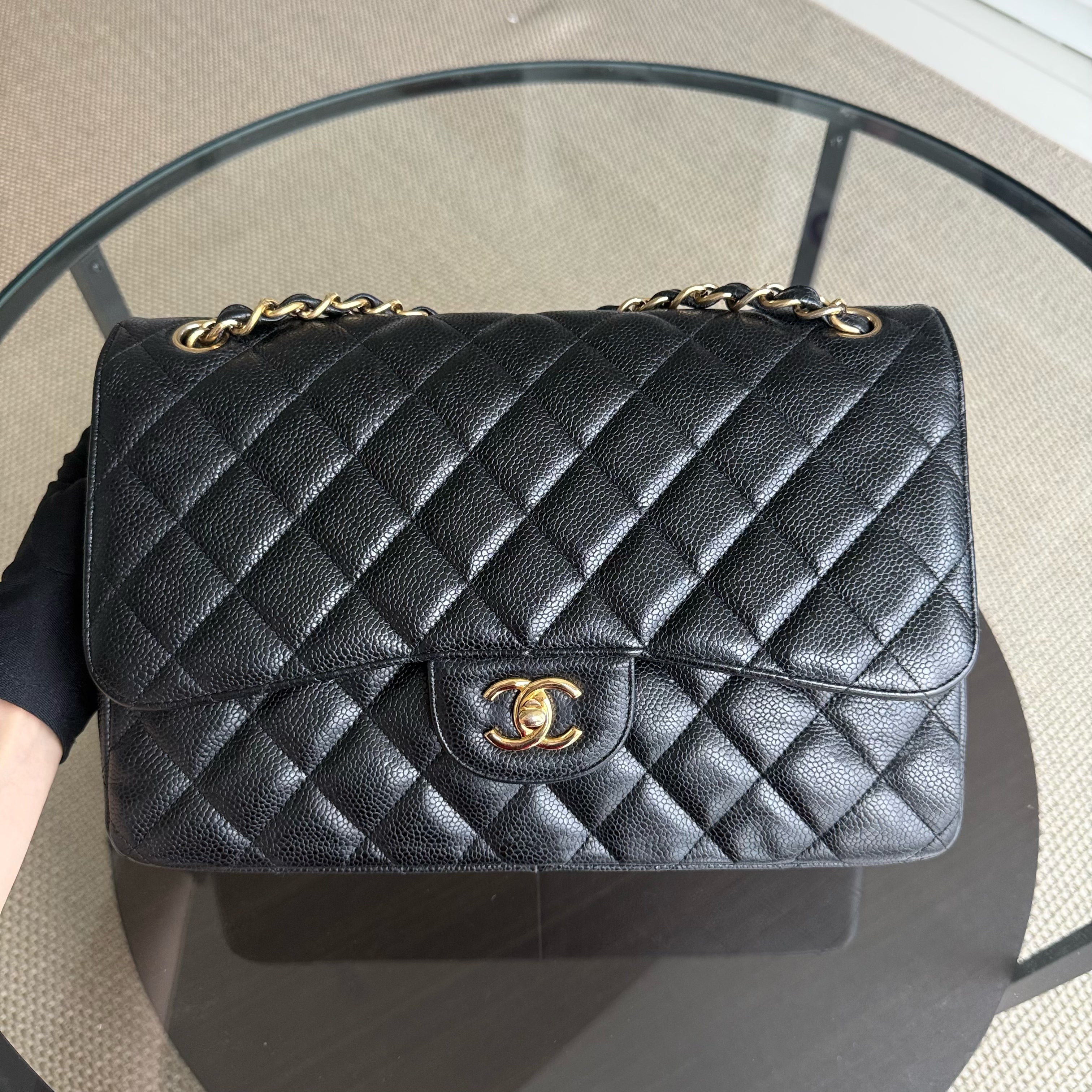 Chanel Classic Flap Jumbo - Caviar Double Flap 30CM Quilted Black Gold Hardware Series 15