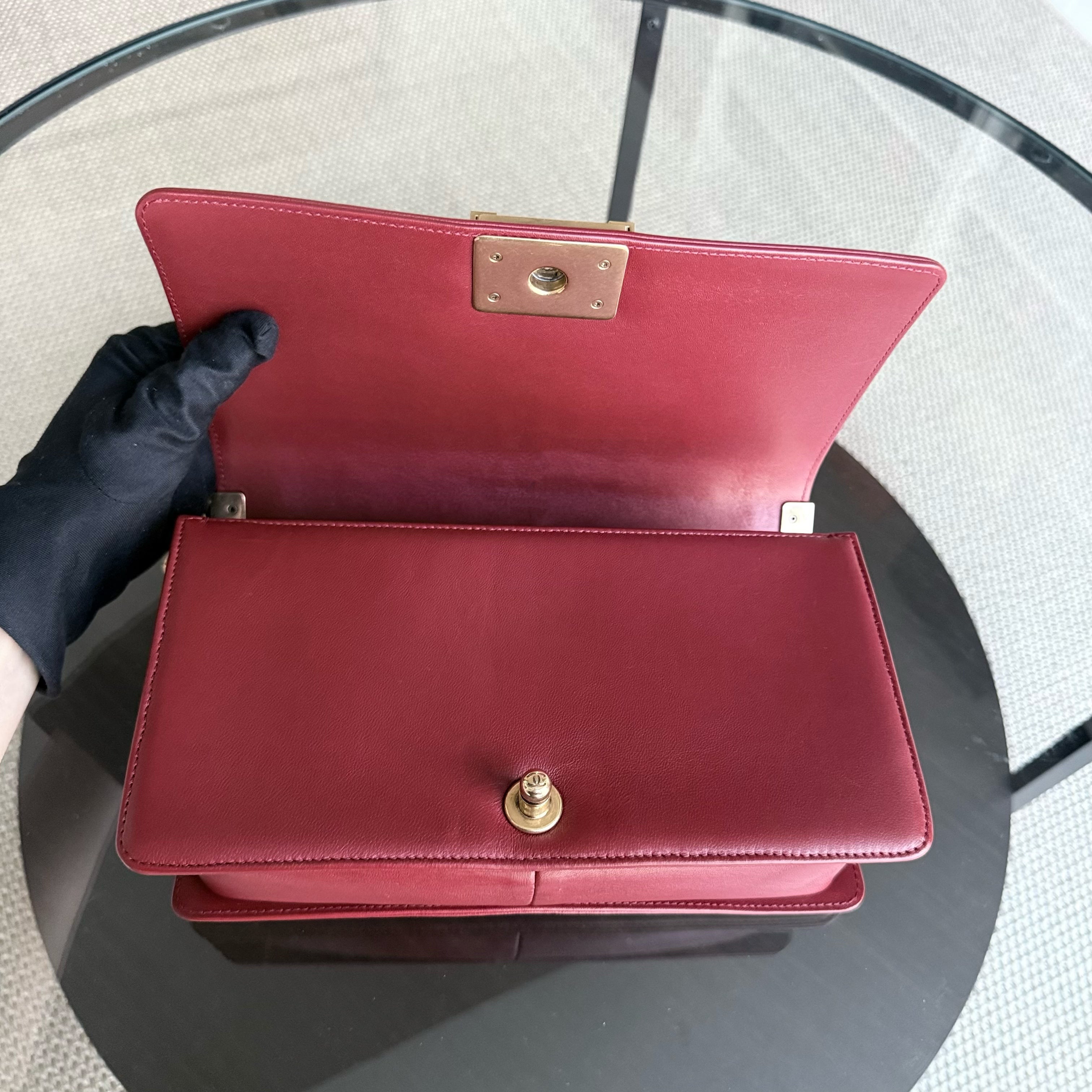 Chanel Boy Medium - 25CM Quilted Lambskin Dark Red Gold Hardware Series 19