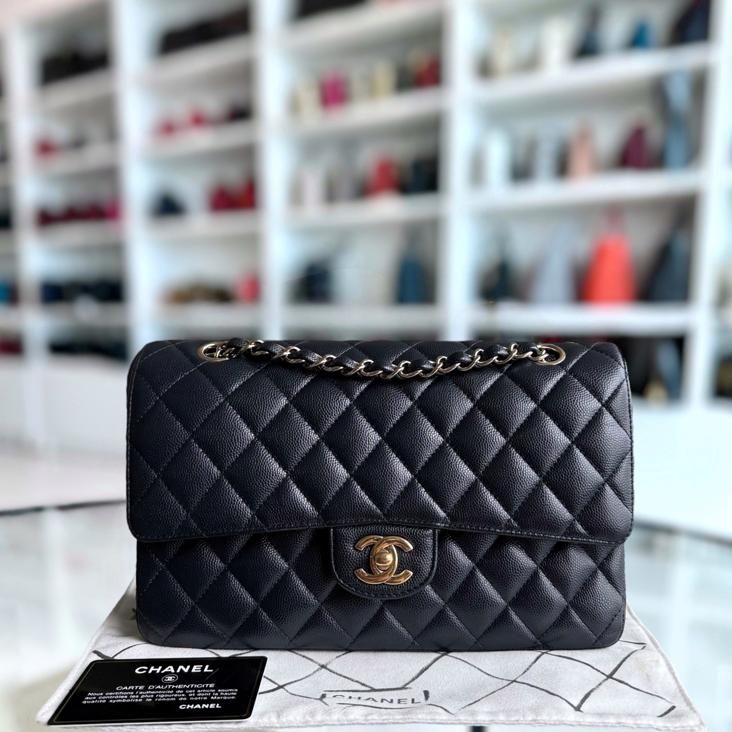 Chanel Classic Flap Medium - Caviar 25CM Quilted Mid-night Dark Blue Gold Hardware Series 28