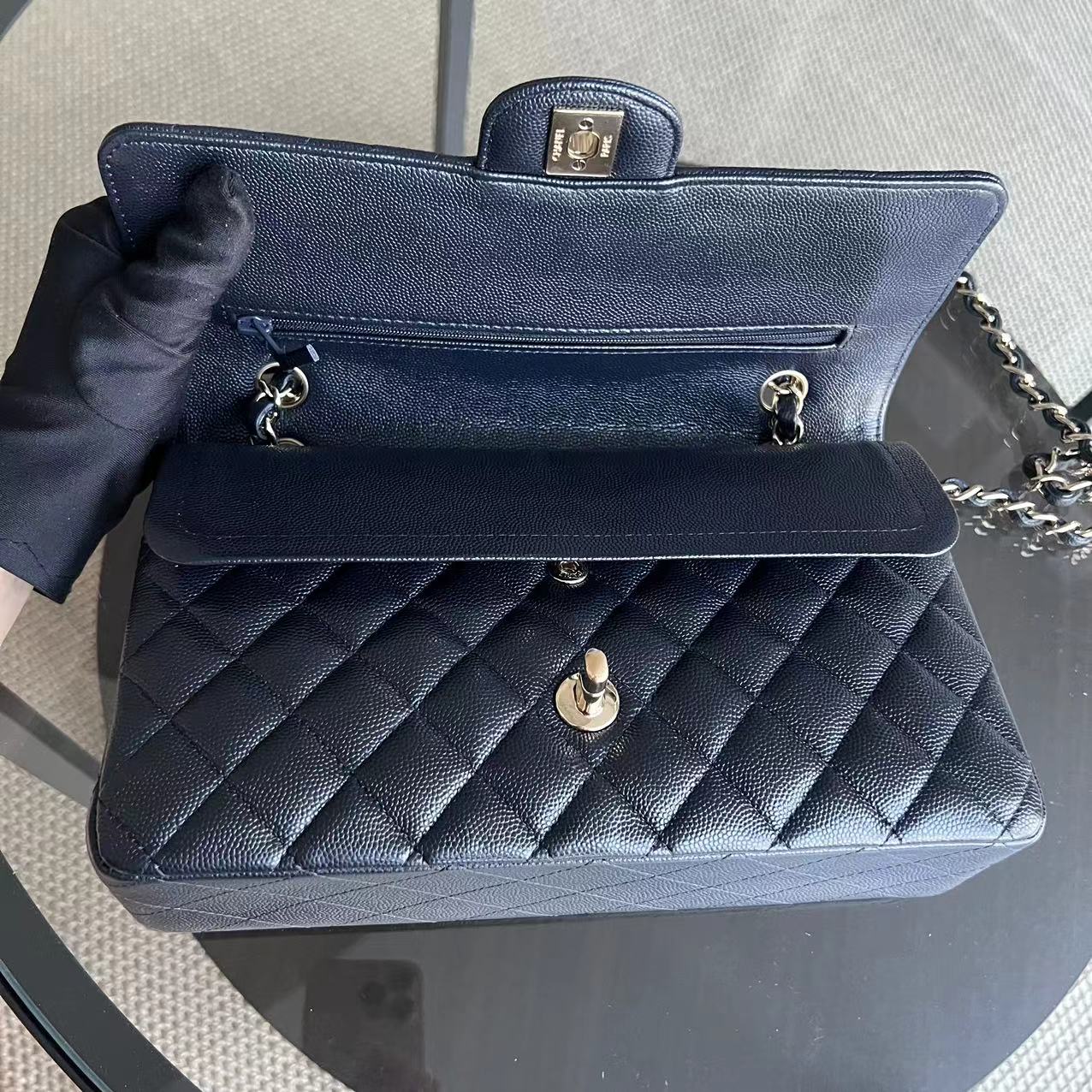 *Unused, Full Set Receipt* Caviar Double Flap Quilted Grained Calfskin Dark Blue Golden Hardware Series 28