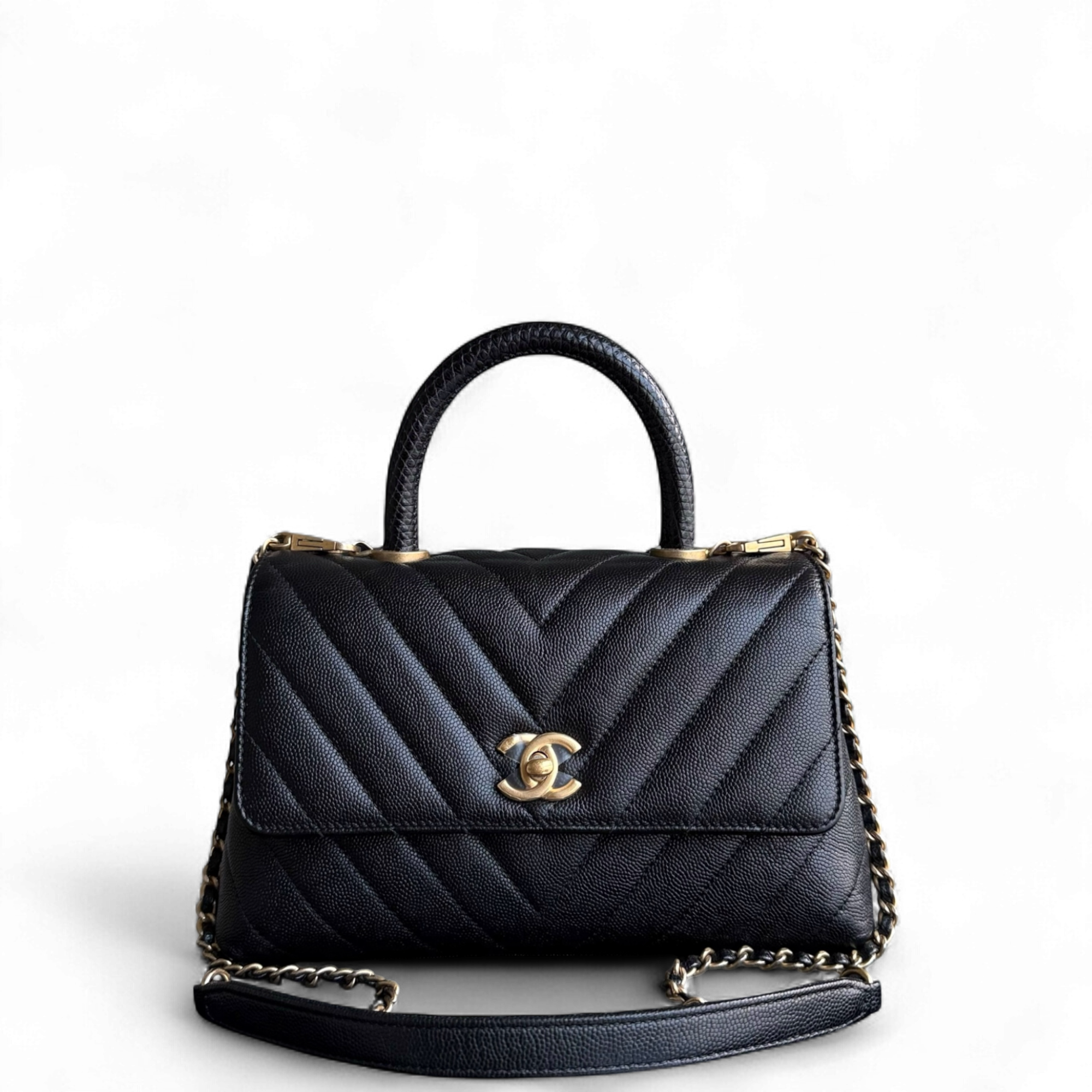 Chanel Coco Handle Small - Caviar Chevron Grained Calfskin Black Gold Hardware Series 26
