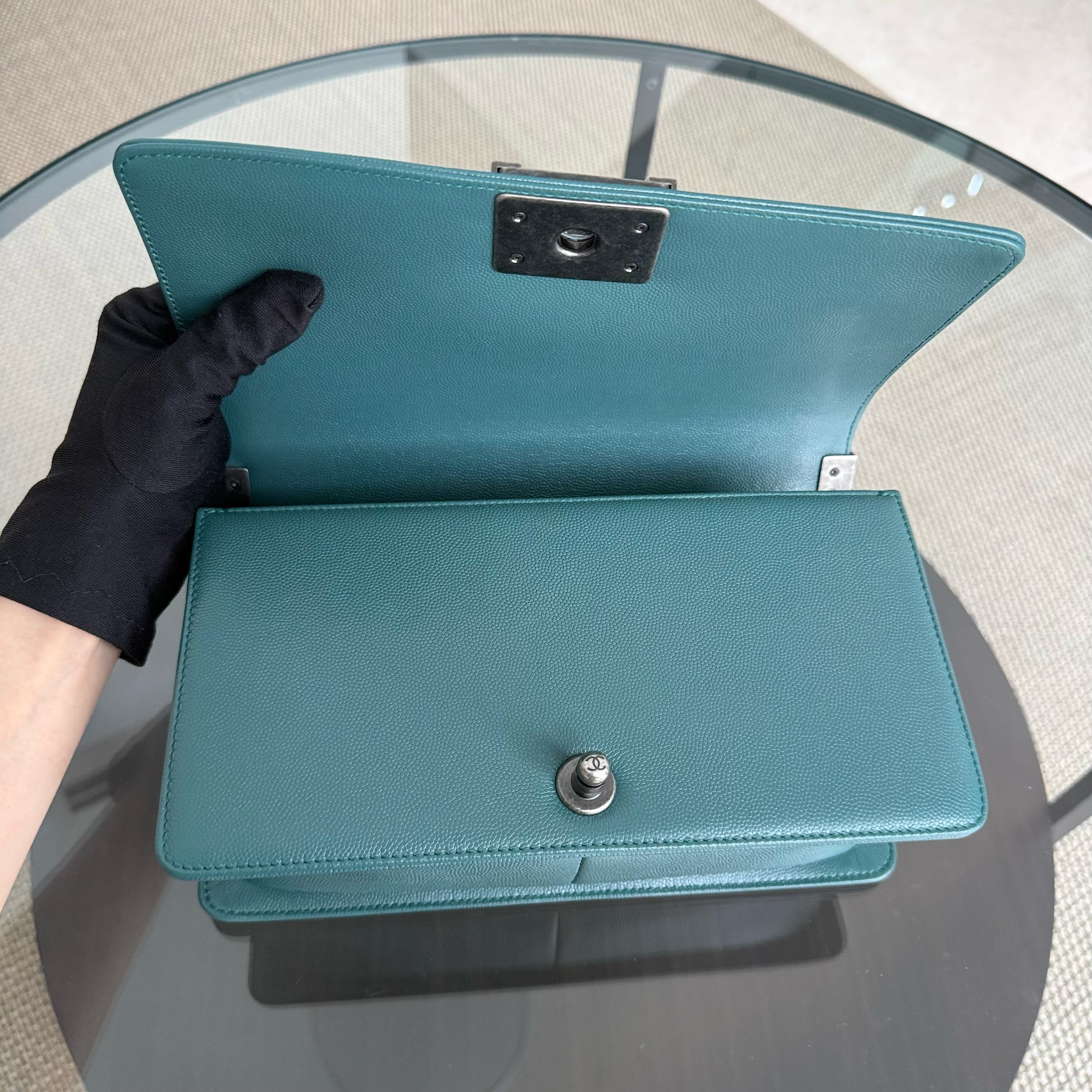 Chanel Boy Medium - Caviar 25CM Chevron Dark Green Ruthenium Silver Hardware Series 24