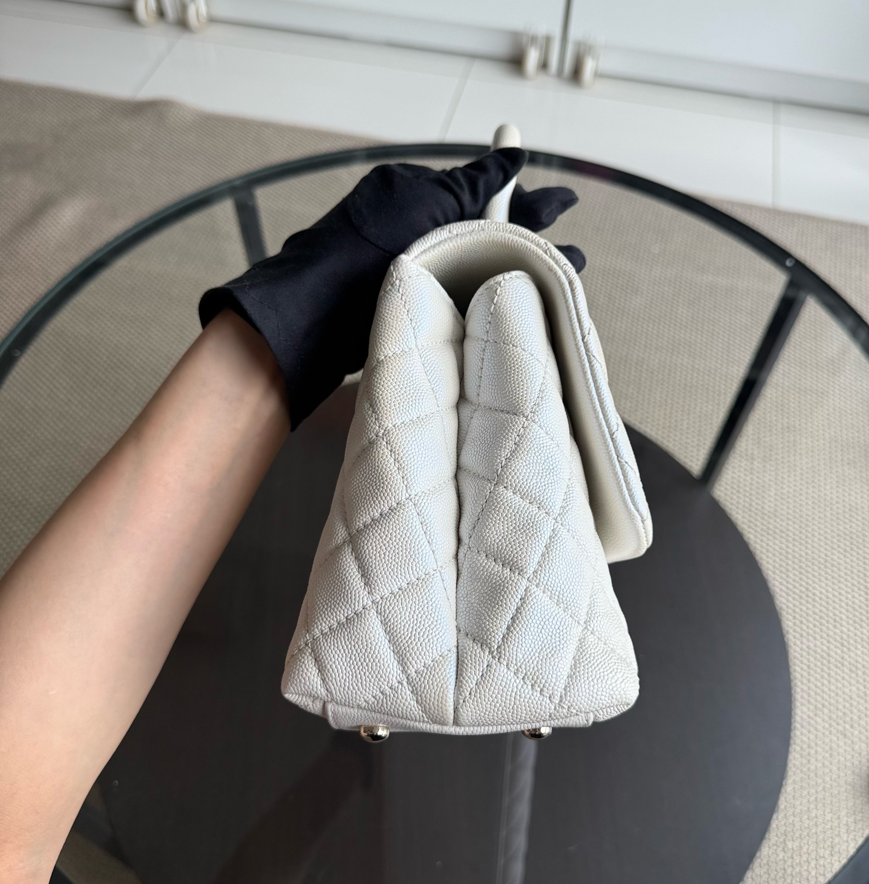 Chanel Coco Handle Medium - Caviar 29CM Quilted Irridescent Pearl White Gold Hardware Series 30