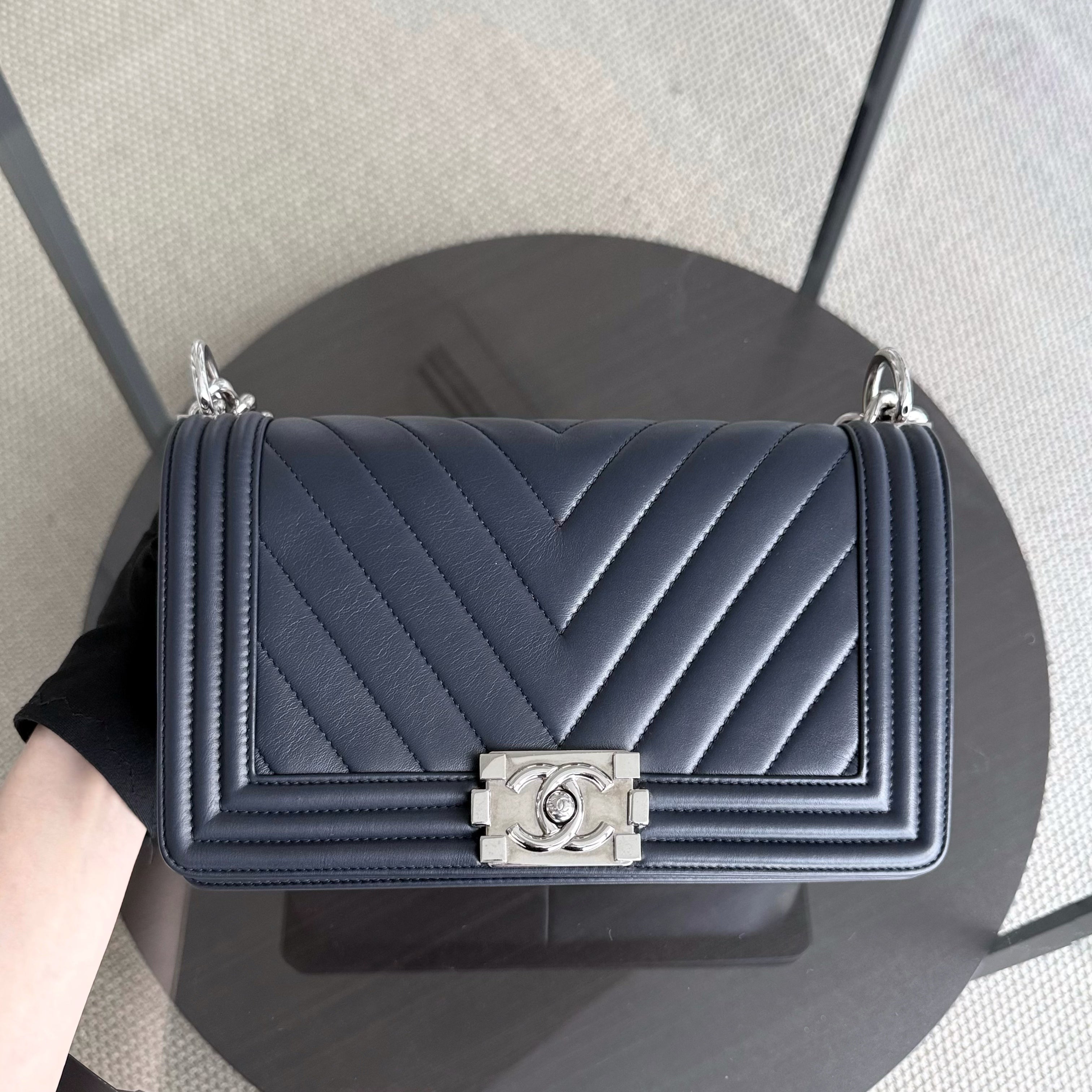 Chanel Boy Medium - 25CM Quilted Calfskin Dark Blue Silver Hardware Series 22