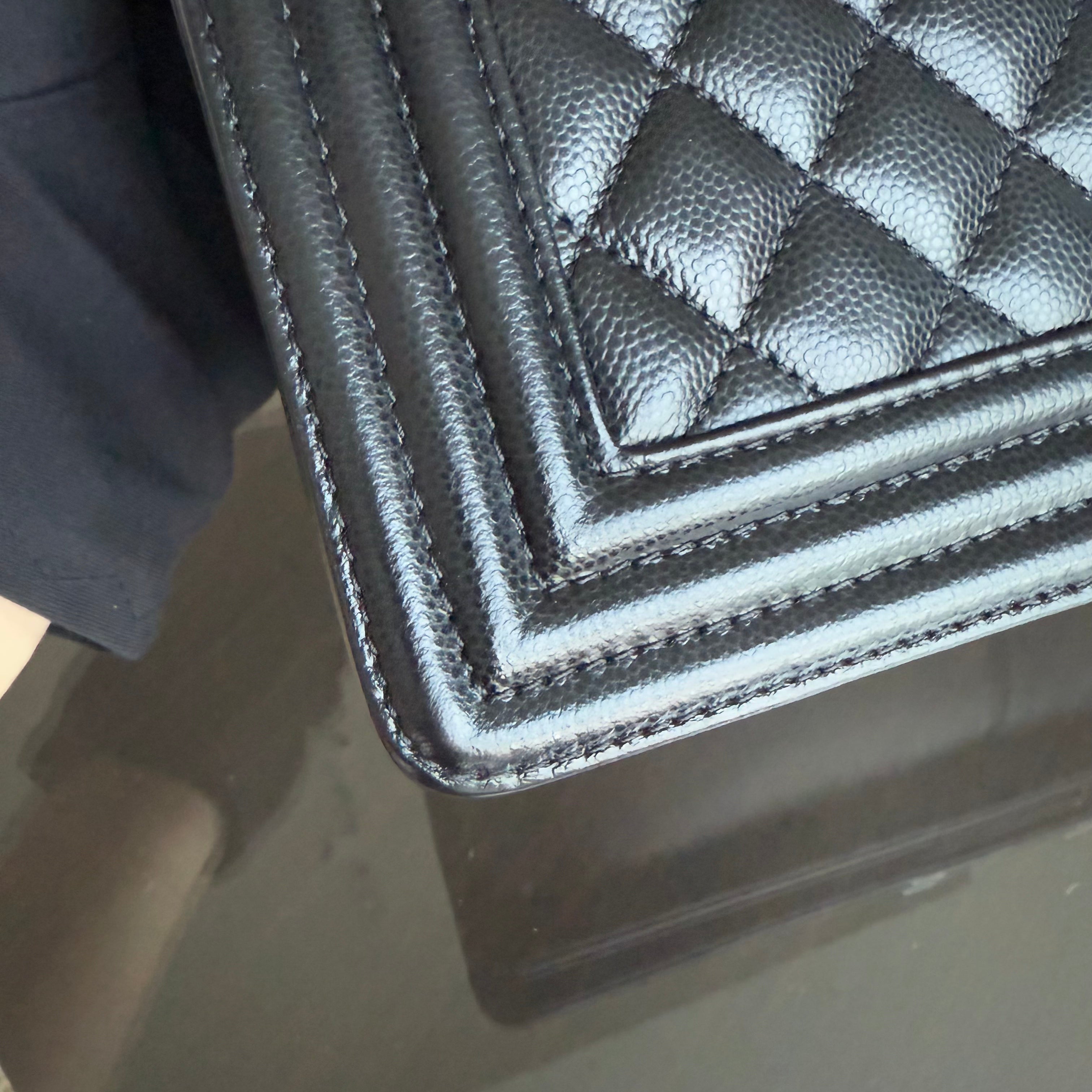 Chanel Boy Medium - Caivar 25CM Quilted Black Ruthenium Silver Hardware