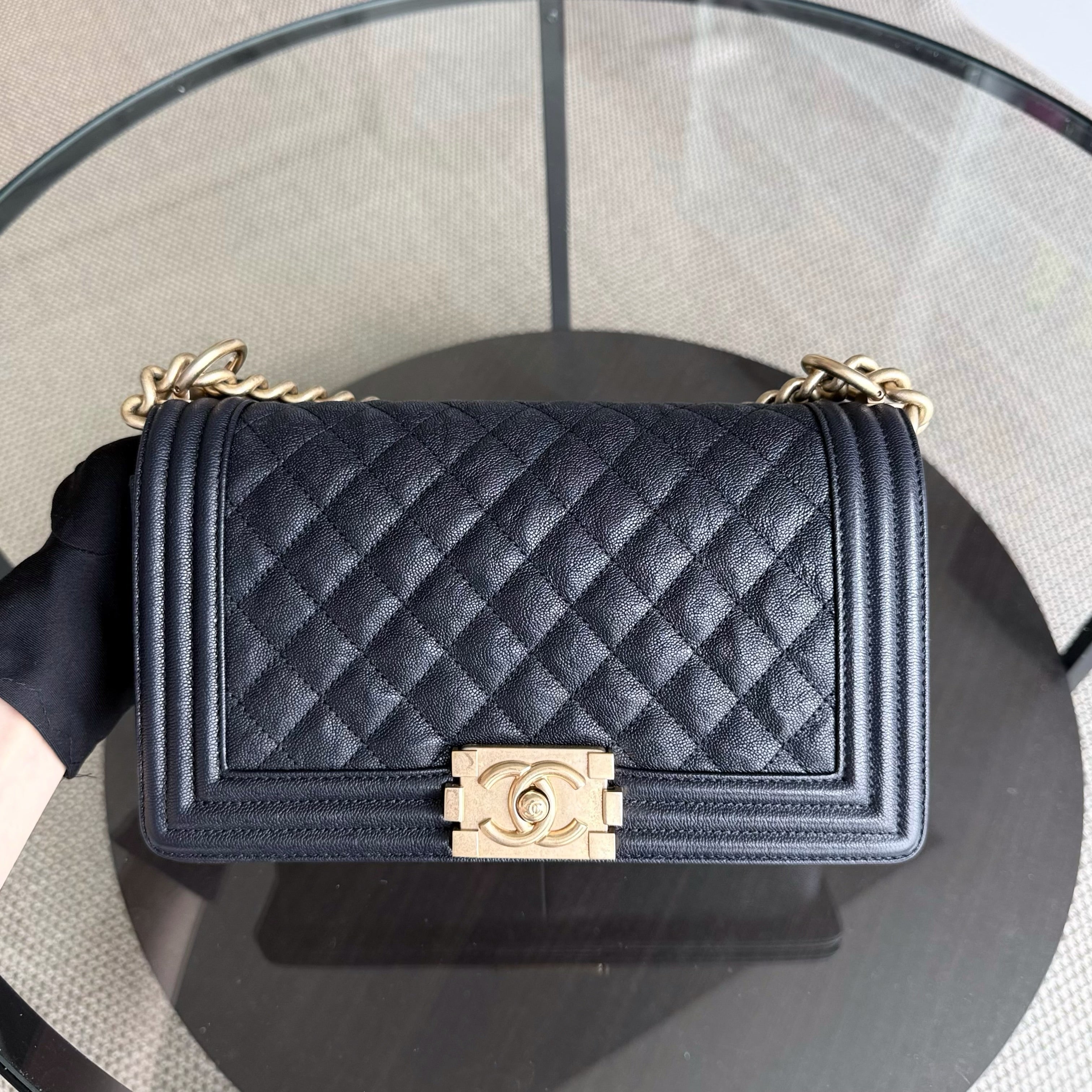 Chanel Boy Medium - Caviar 25CM Quilted Midnight Dark Blue Gold Hardware Series 26