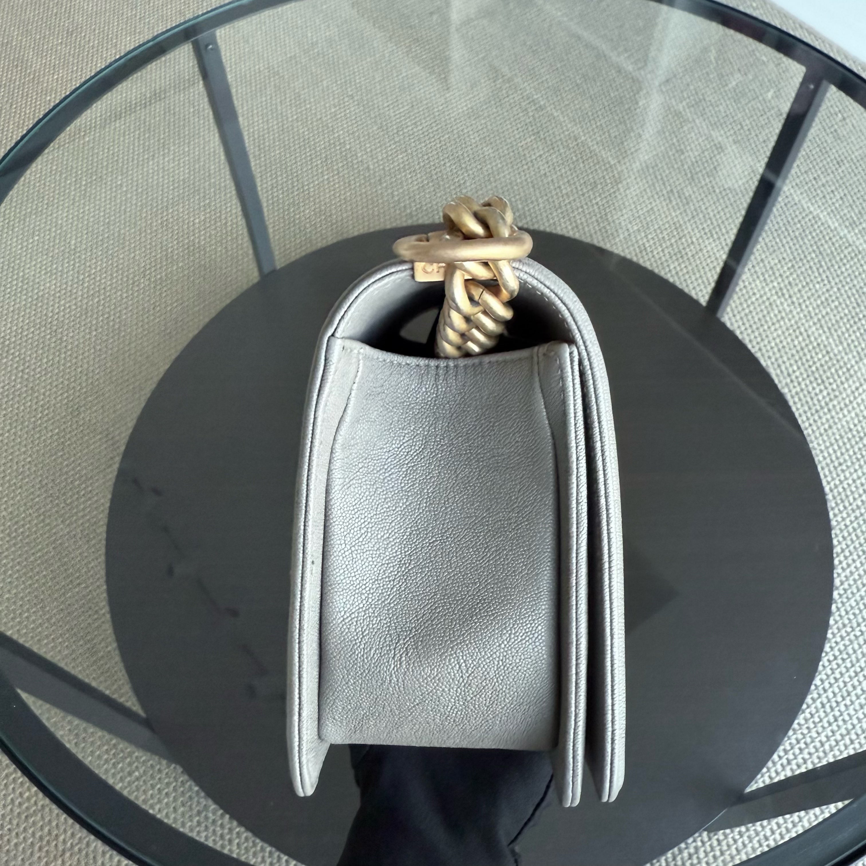 Chanel Boy Medium - Caviar 25CM Quilted Light Grey Gray Gold Hardware Series 26