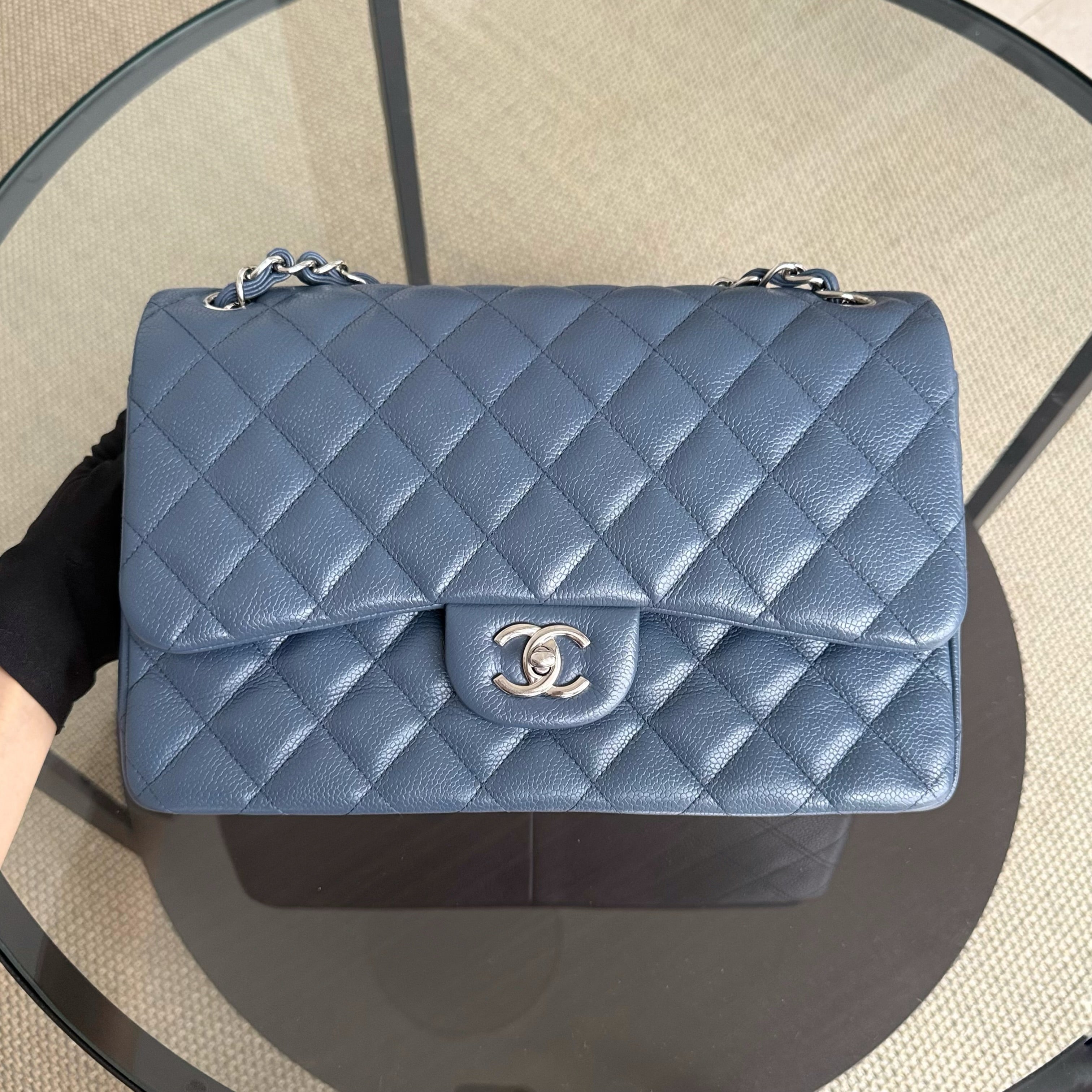 Chanel Classic Flap Jumbo - Double Flap 30CM Quilted Caviar Blue Silver Hardware Series 19
