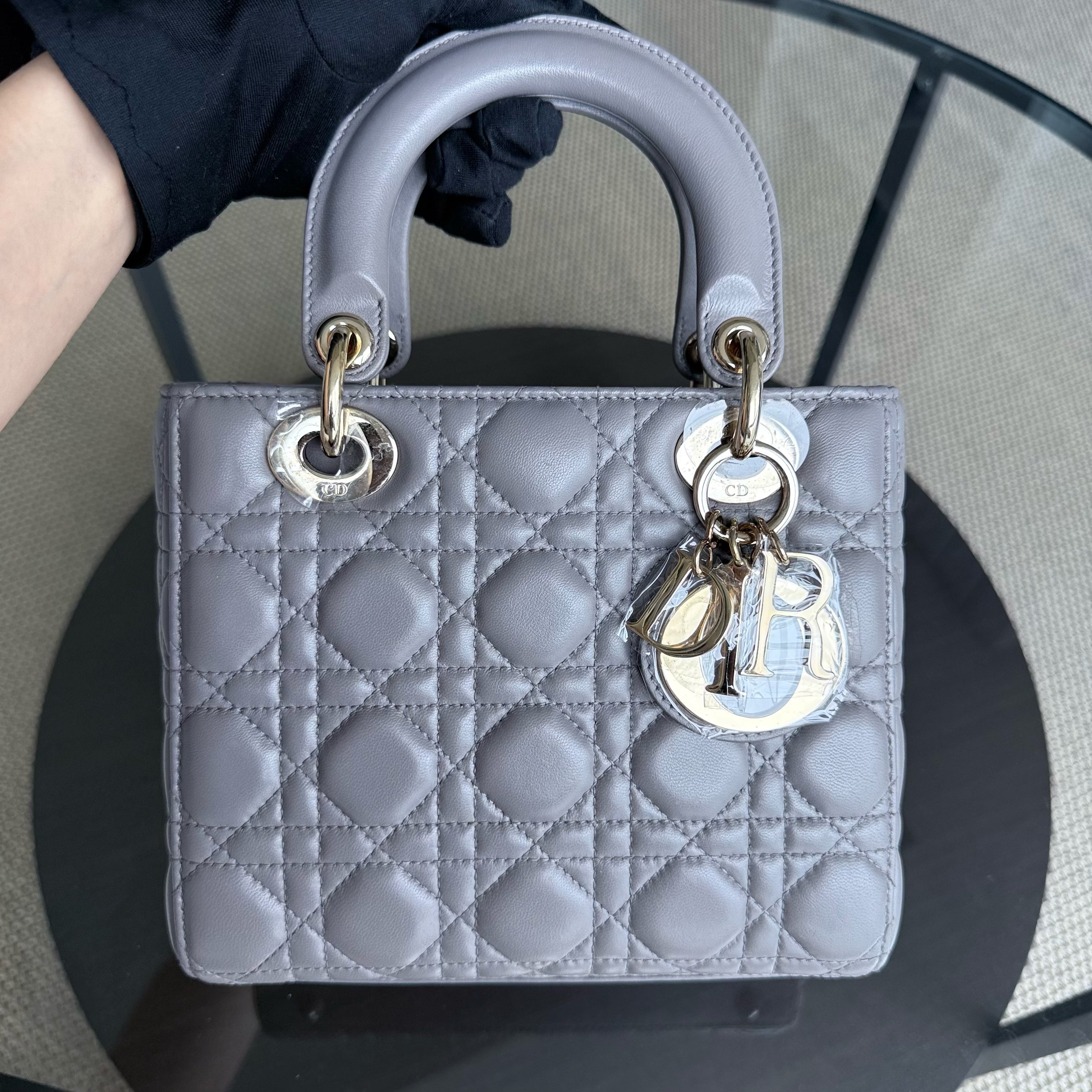 Dior Lady Small - Cannage Lambskin Grey Gray Gold Hardware
