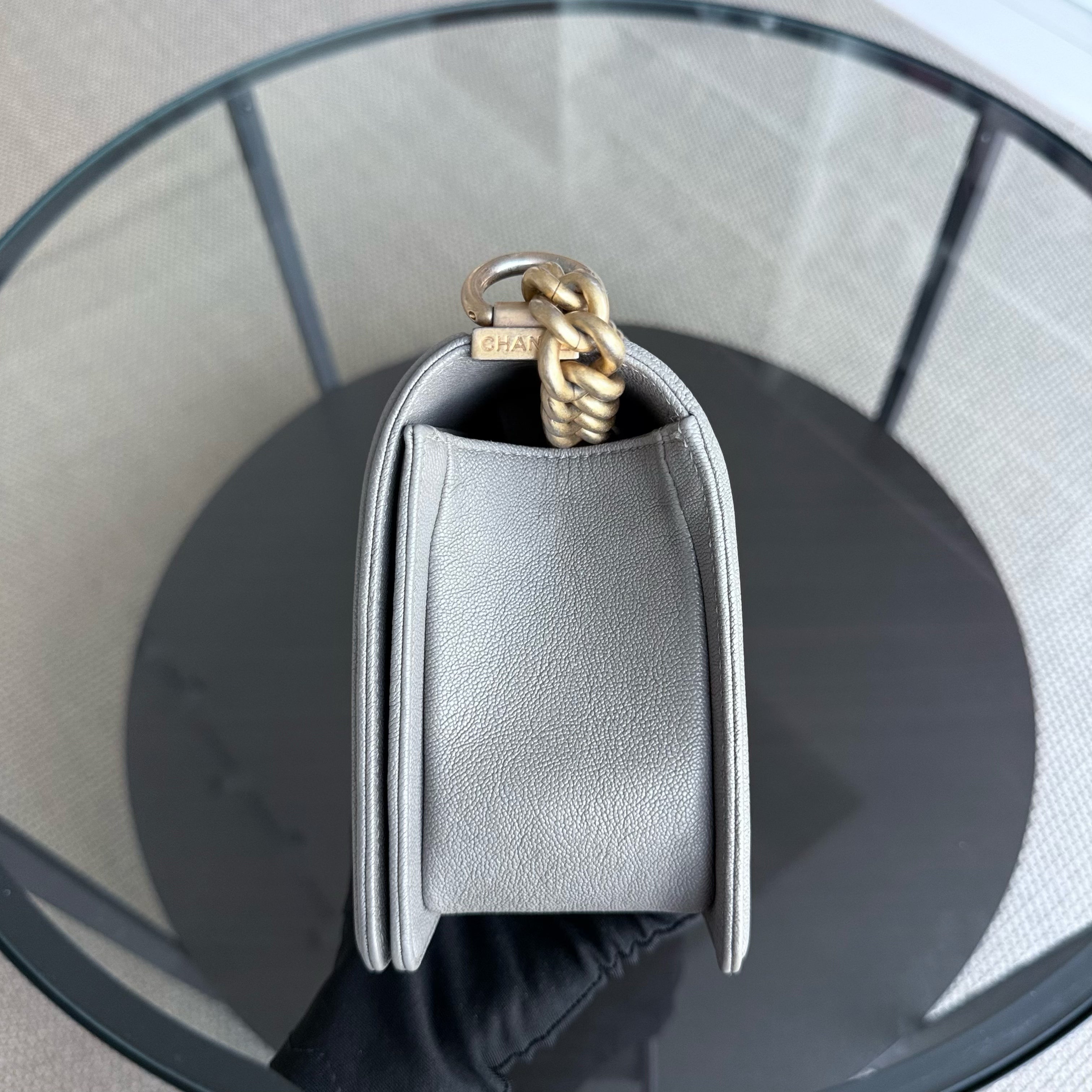 Chanel Boy Medium - Caviar 25CM Quilted Light Grey Gray Gold Hardware Series 26